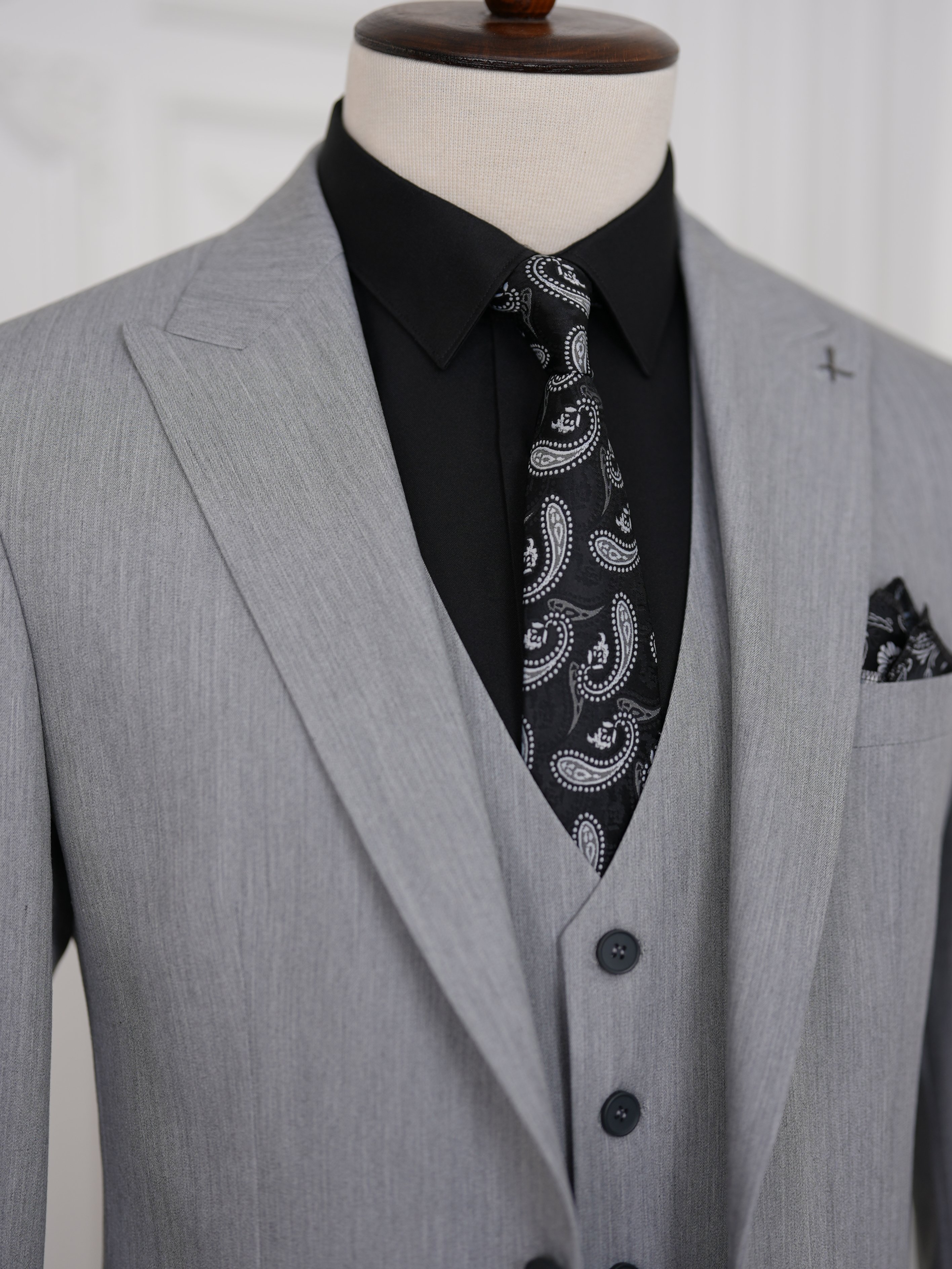 Erkek Slim Fit İtalyan Stil Yelekli Takım Elbise - Acık Gri