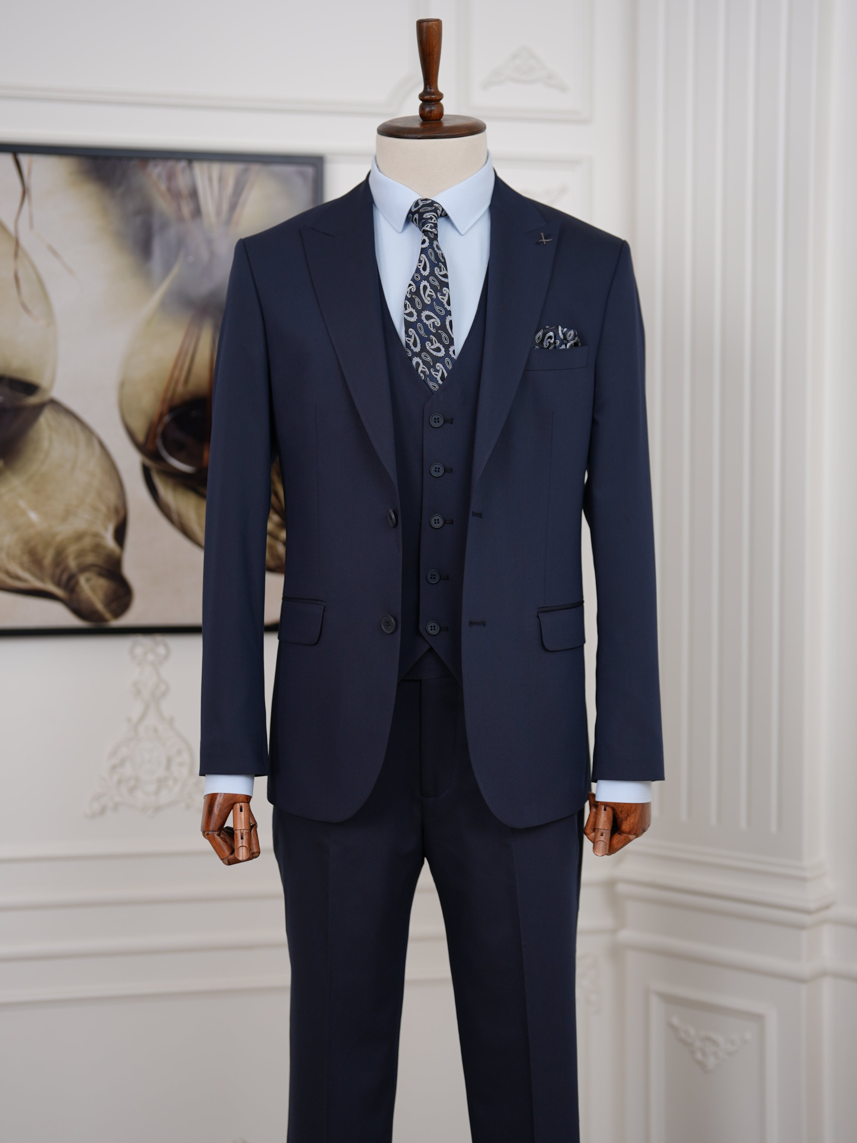 Erkek Slim Fit İtalyan Stil Yelekli Takım Elbise - Lacivert