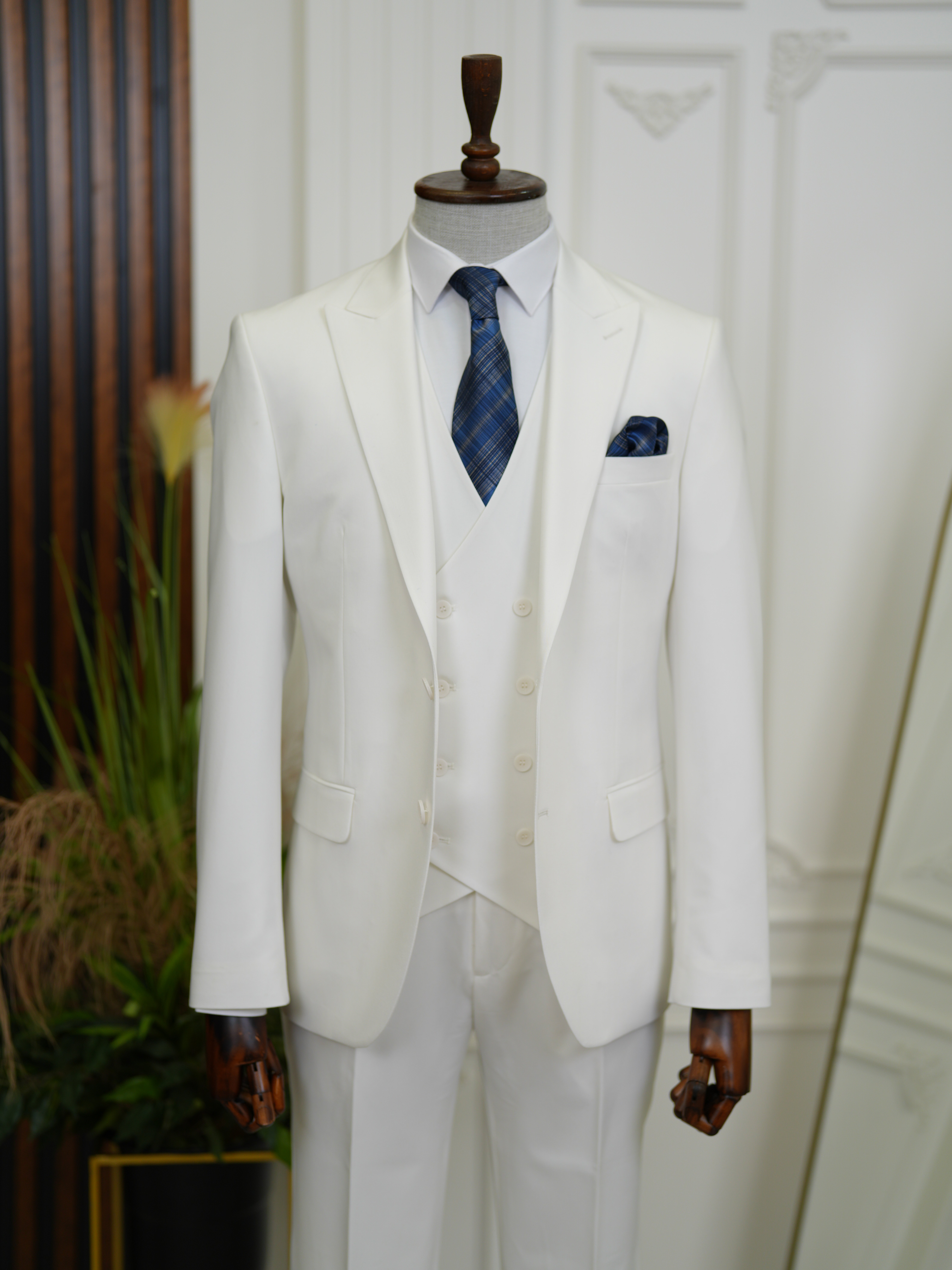 Erkek Slim Fit İtalyan Stil Yelekli Takım Elbise - Beyaz