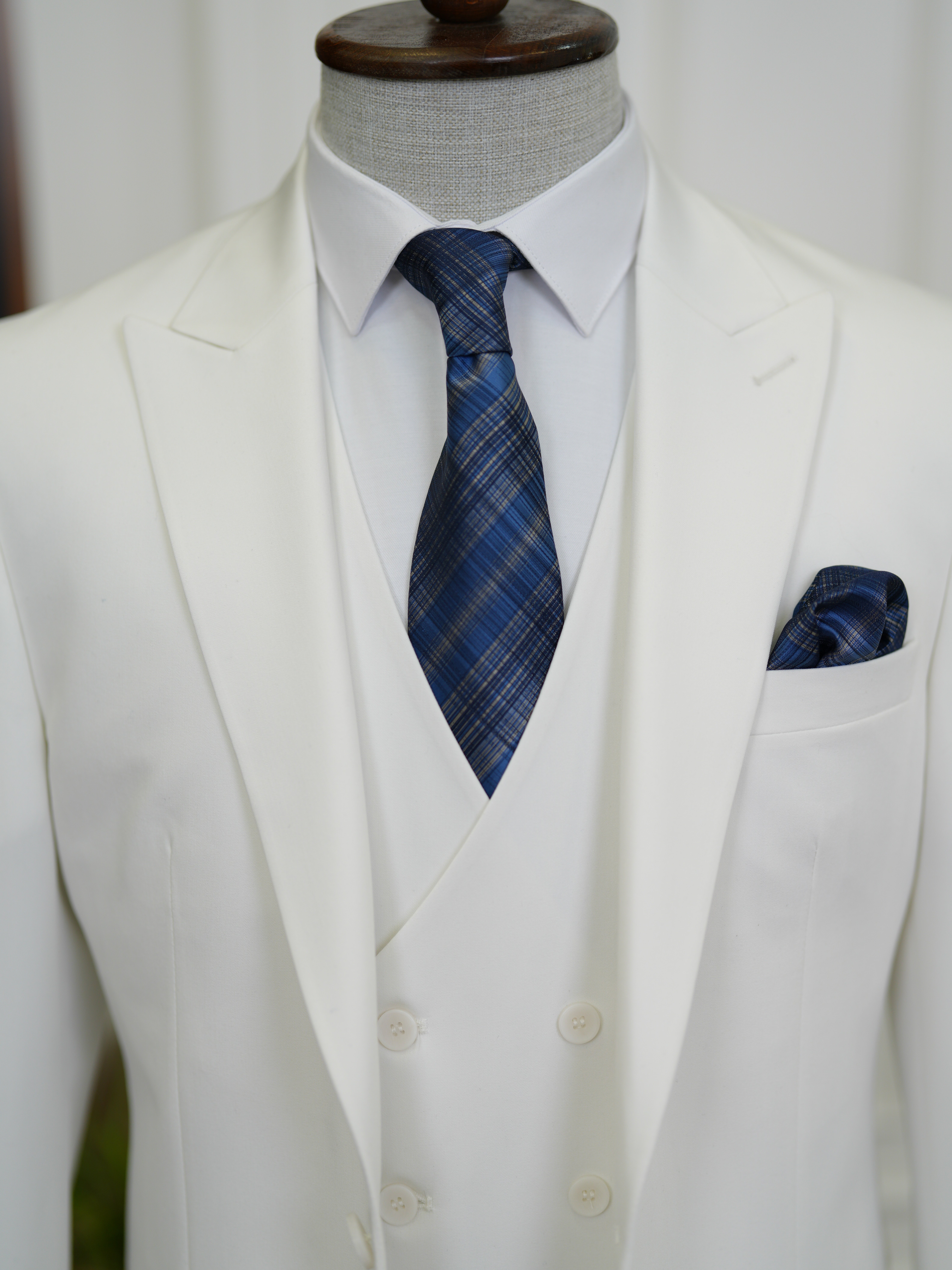 Erkek Slim Fit İtalyan Stil Yelekli Takım Elbise - Beyaz