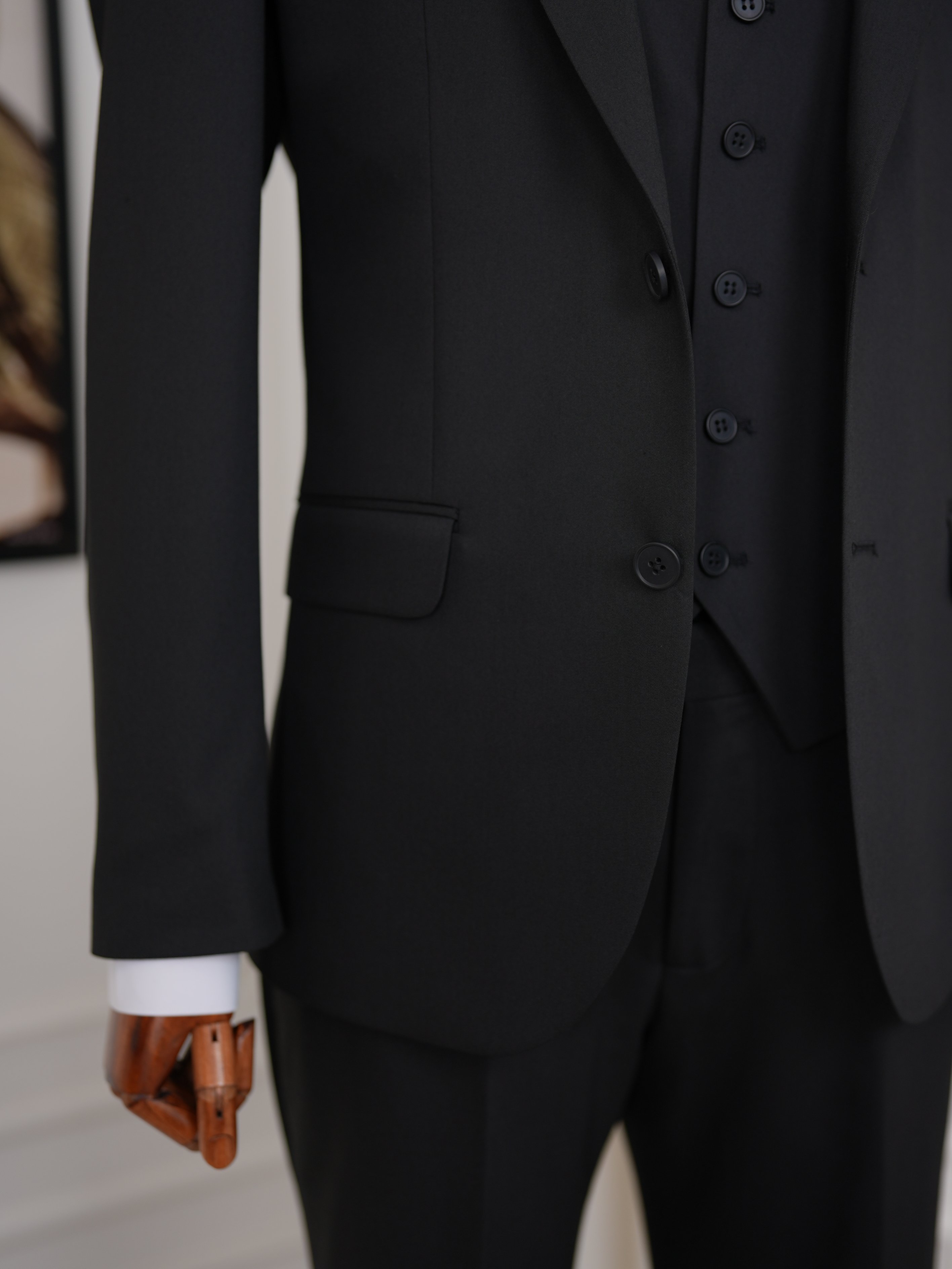 Erkek Slim Fit İtalyan Stil Yelekli Takım Elbise - Siyah