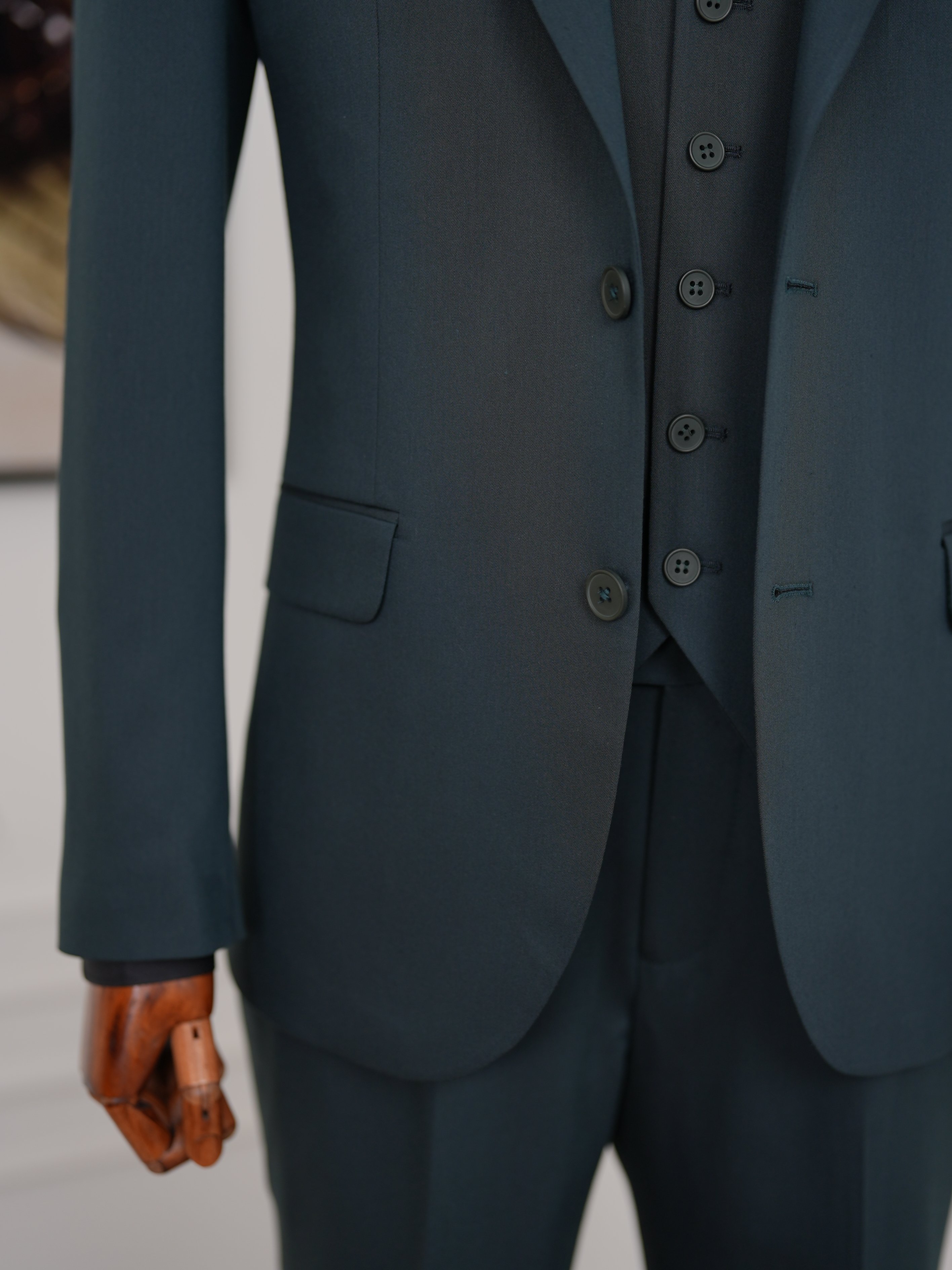Erkek Slim Fit İtalyan Stil Yelekli Takım Elbise - Haki