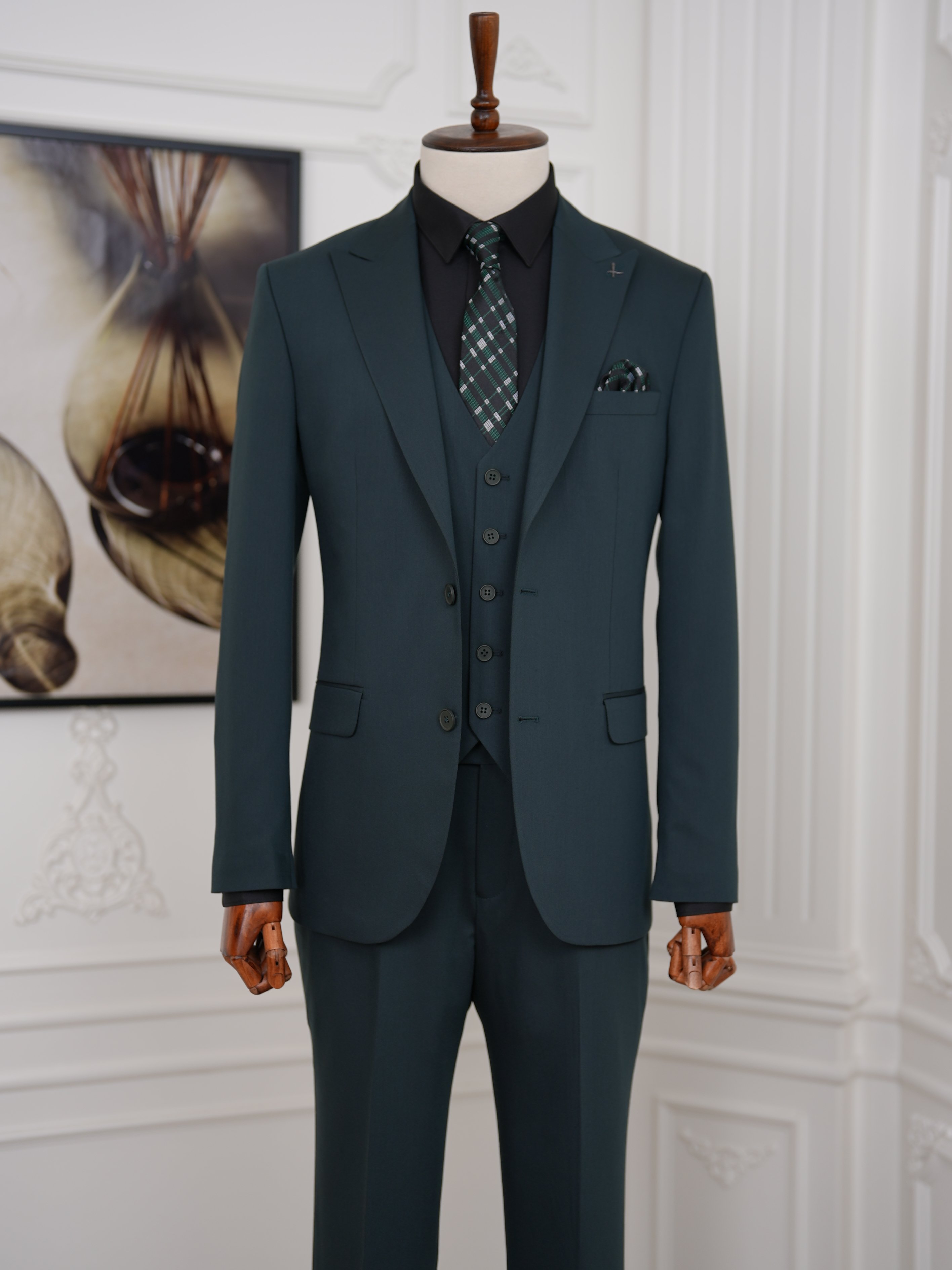 Erkek Slim Fit İtalyan Stil Yelekli Takım Elbise - Haki