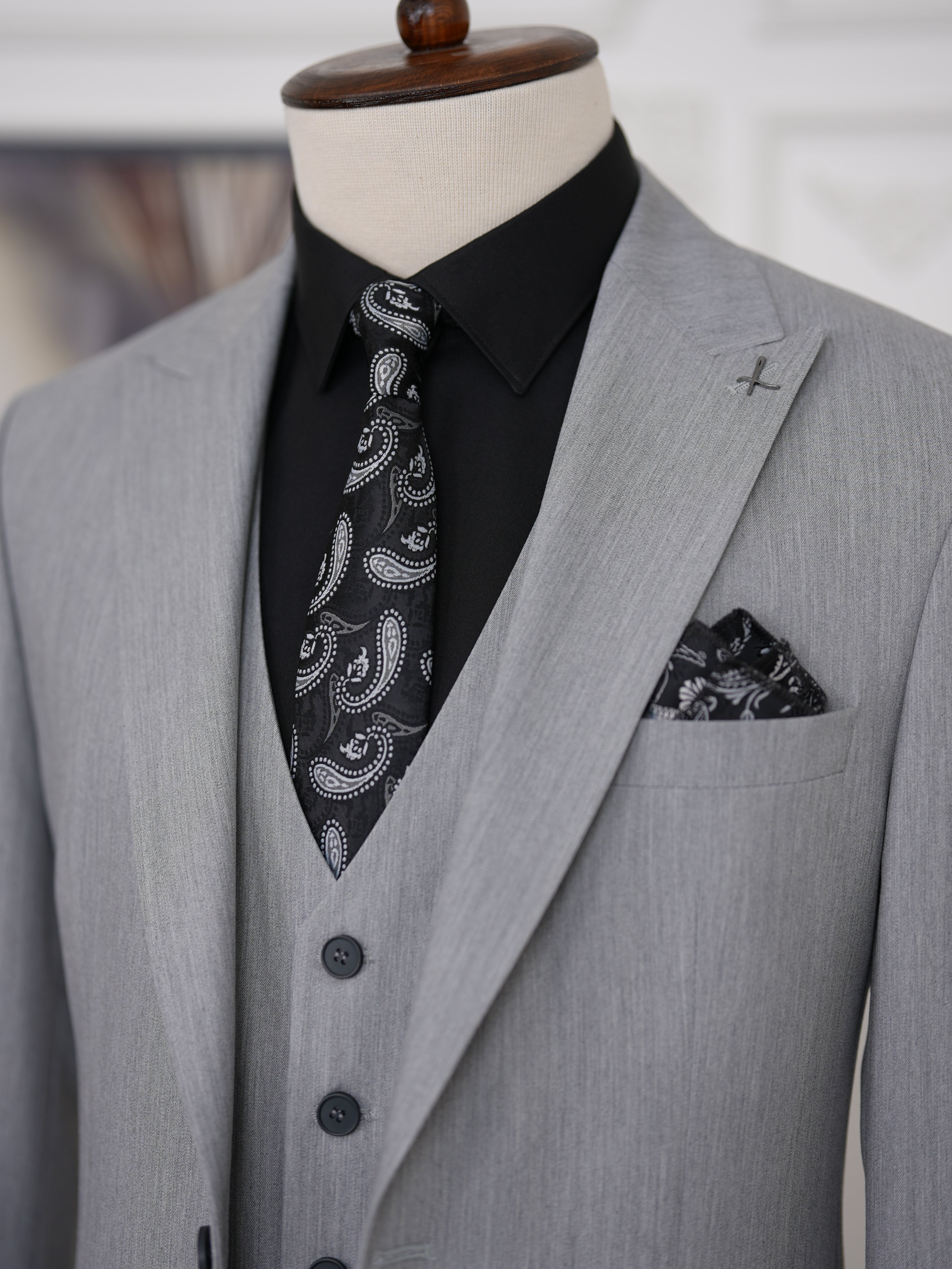 Erkek Slim Fit İtalyan Stil Yelekli Takım Elbise - Acık Gri