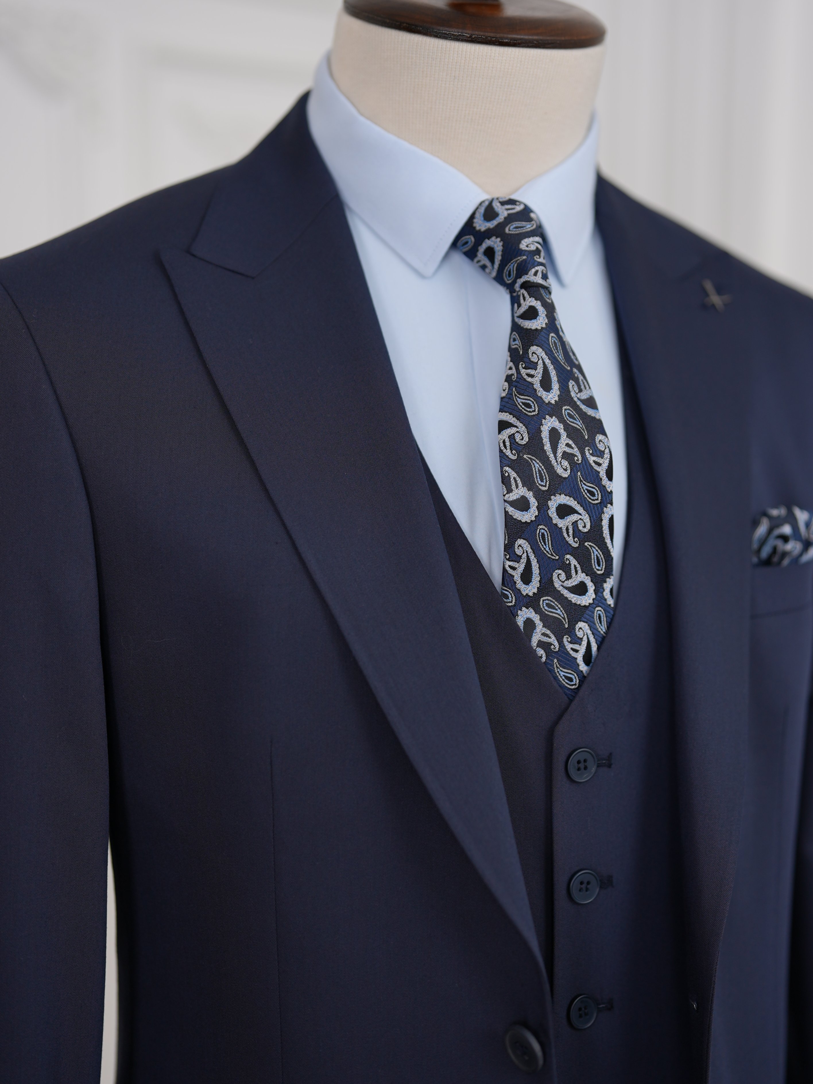 Erkek Slim Fit İtalyan Stil Yelekli Takım Elbise - Lacivert
