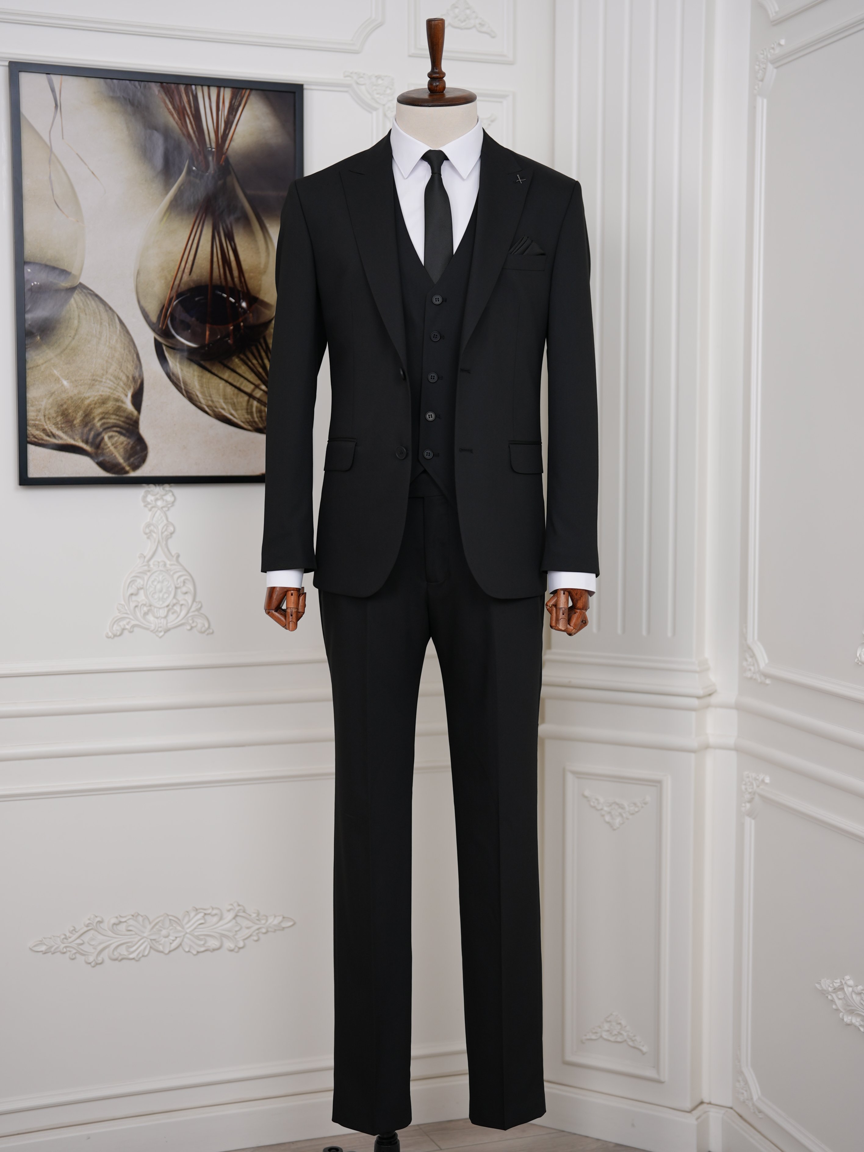 Erkek Slim Fit İtalyan Stil Yelekli Takım Elbise - Siyah