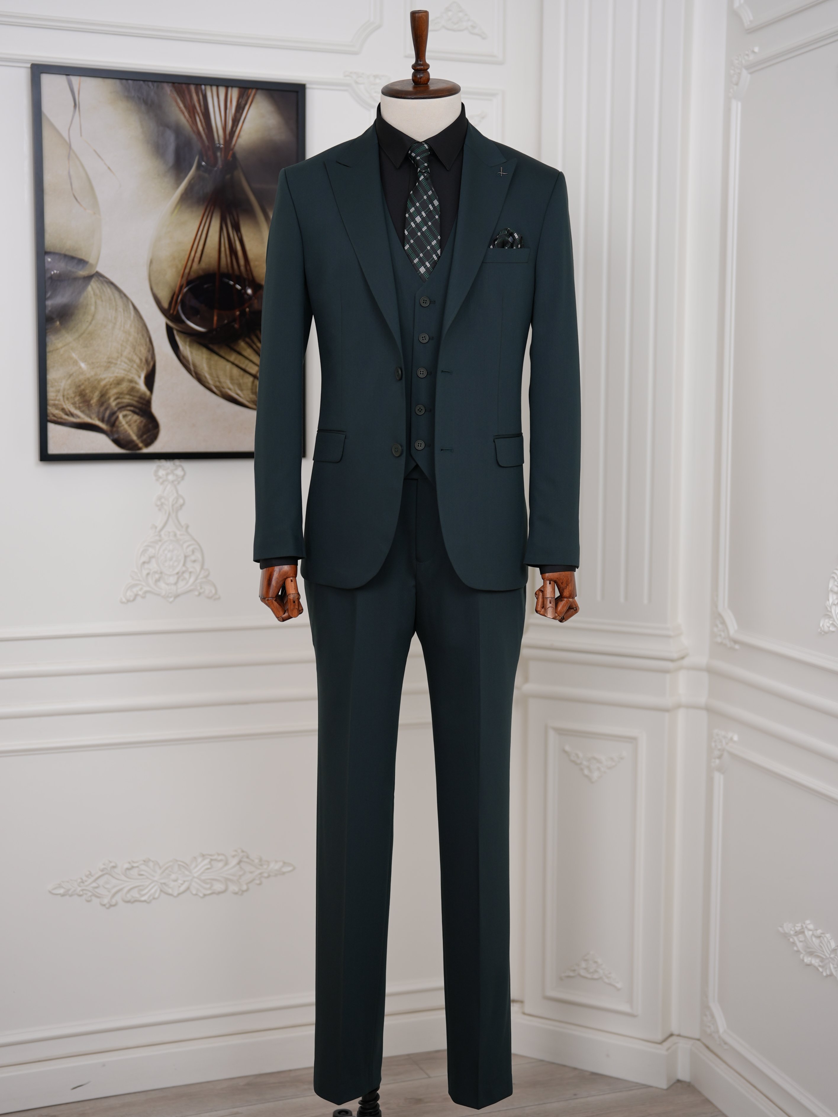 Erkek Slim Fit İtalyan Stil Yelekli Takım Elbise - Haki