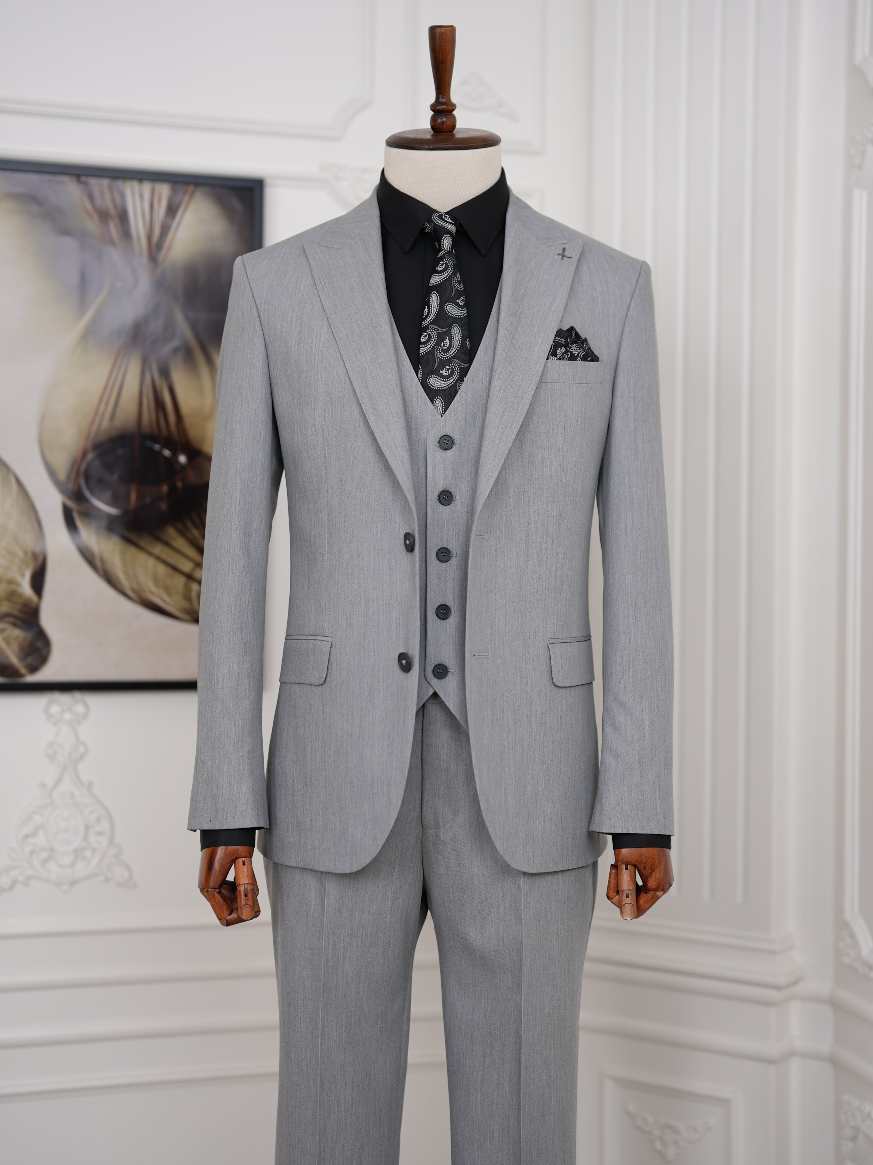 Erkek Slim Fit İtalyan Stil Yelekli Takım Elbise - Acık Gri