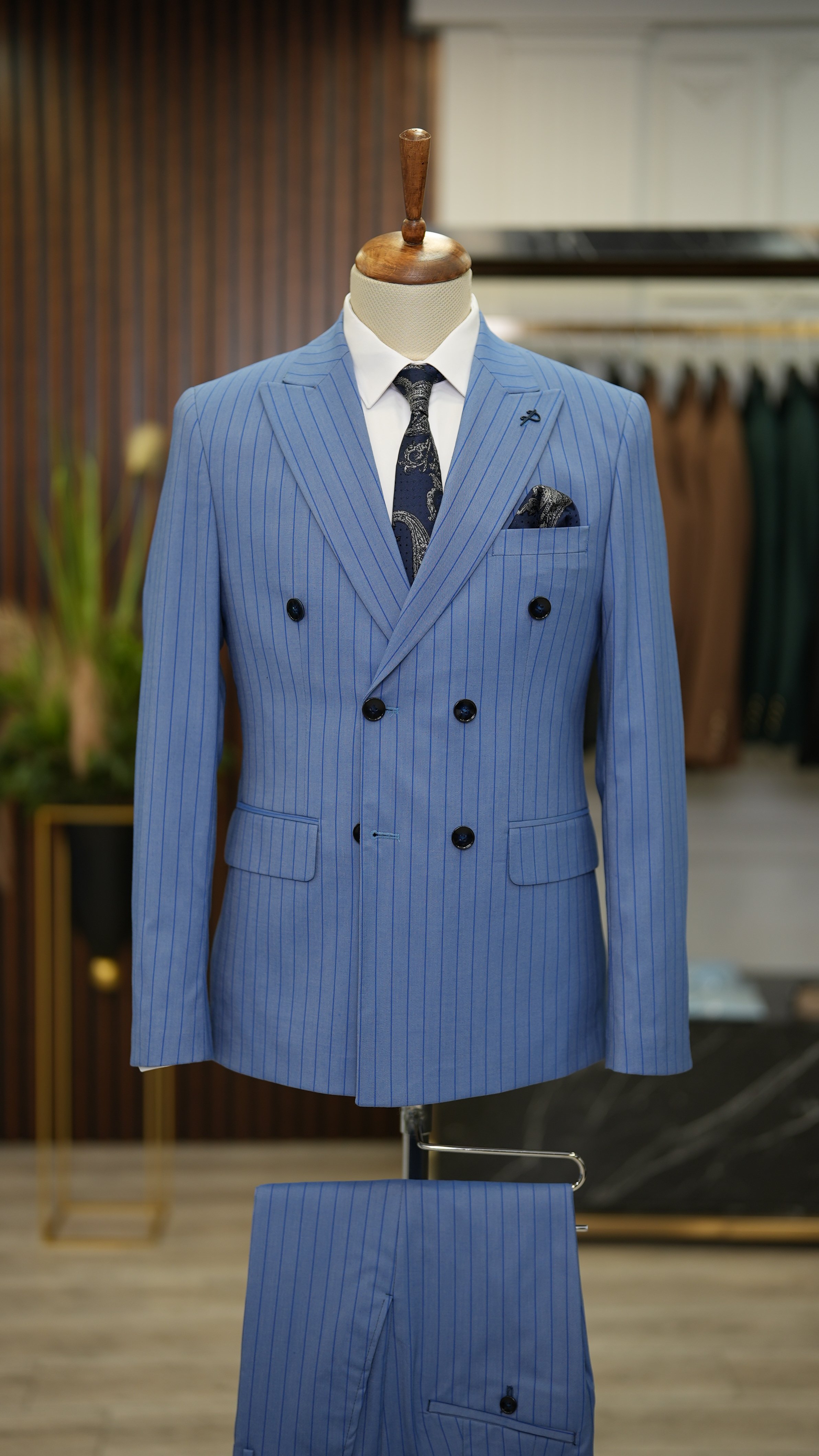 Erkek Slim Fit Kruvaze Takım Elbise Ceket Pantolon-Mavi