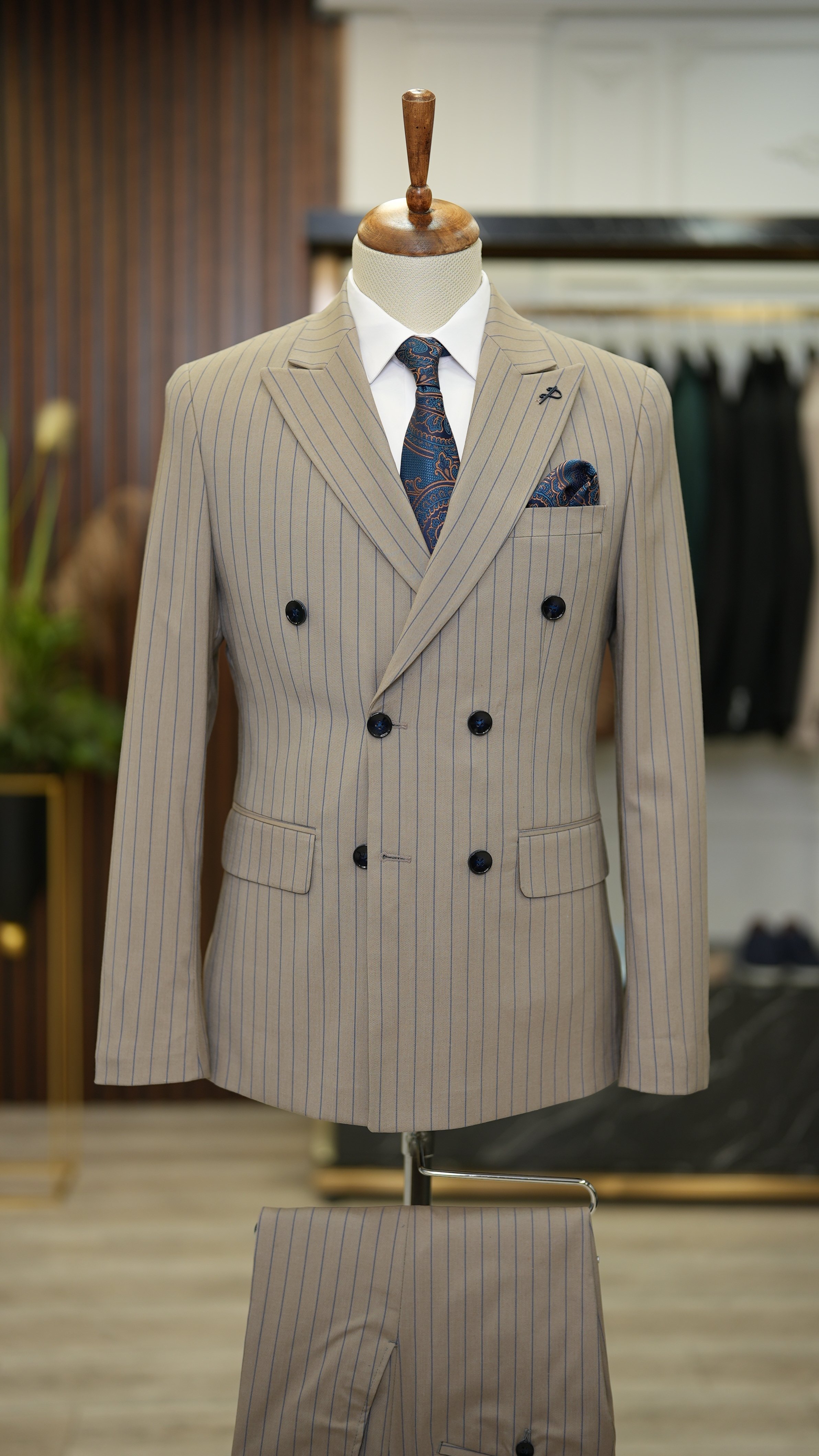 Pantaloni da giacca da abito doppiopetto slim fit da uomo - Marrone latte