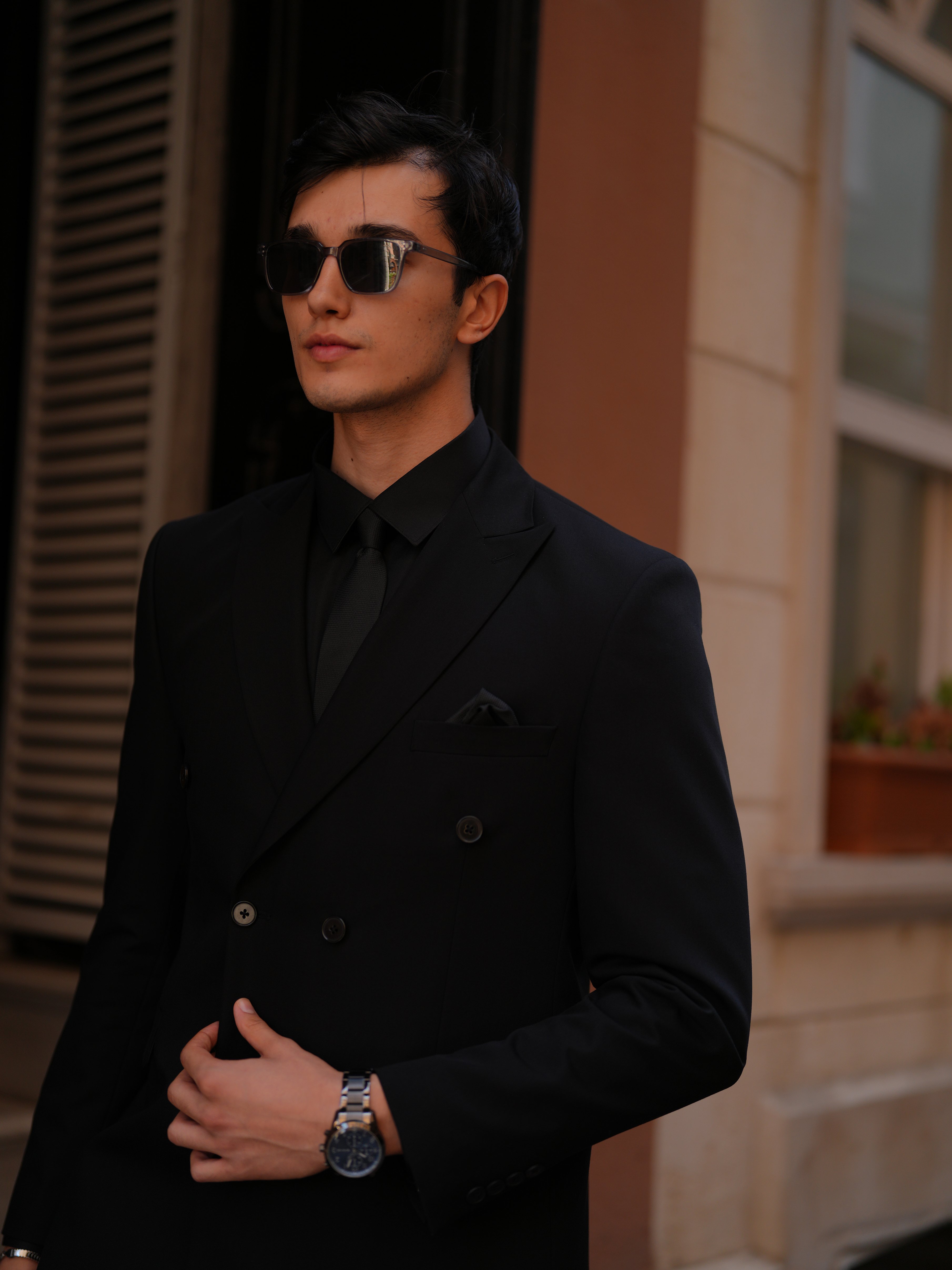 Erkek Slim fit Kruvaze Takım Elbise Ceket Pantolon - Siyah - Siyah