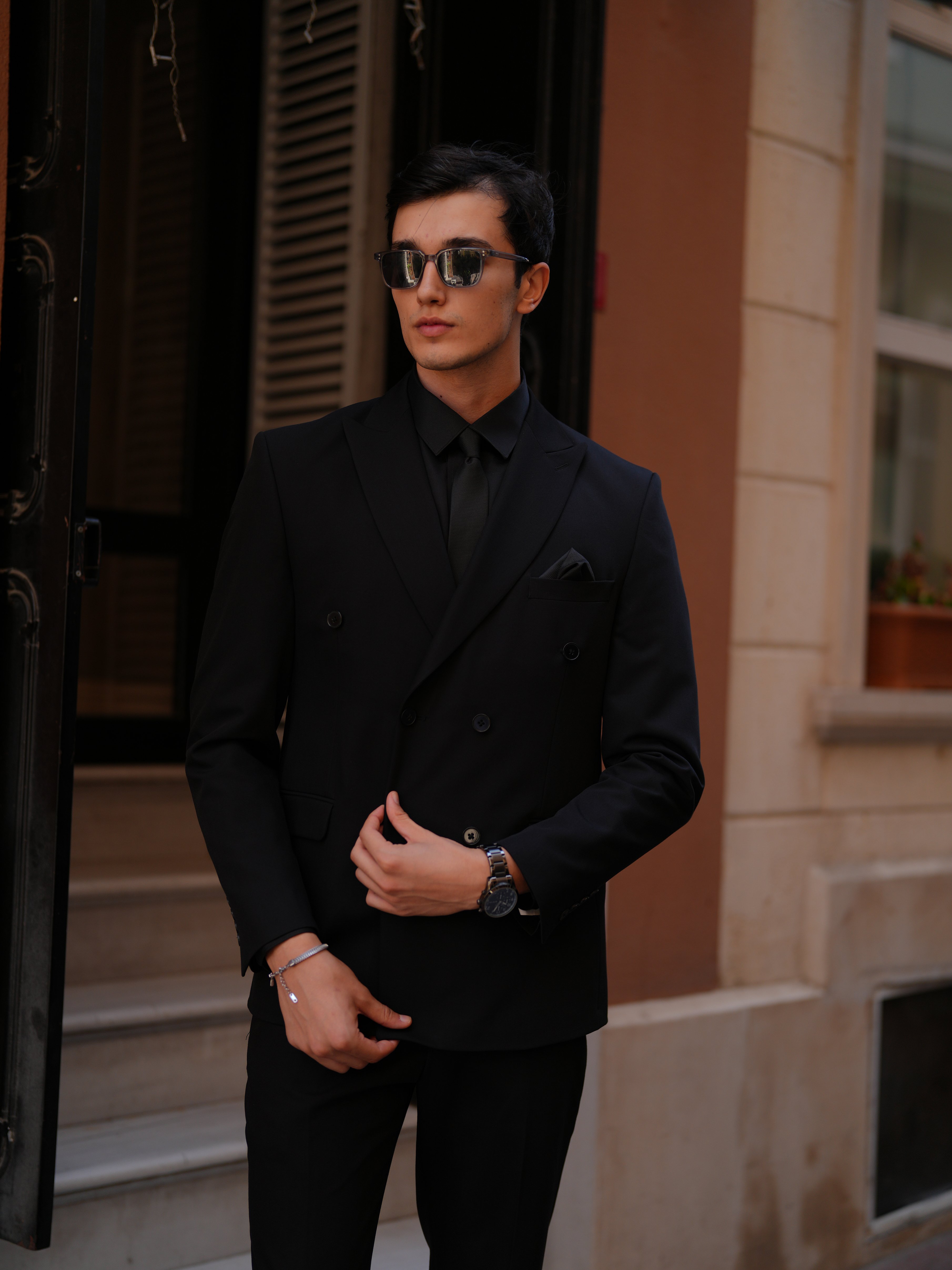 Erkek Slim fit Kruvaze Takım Elbise Ceket Pantolon - Siyah - Siyah