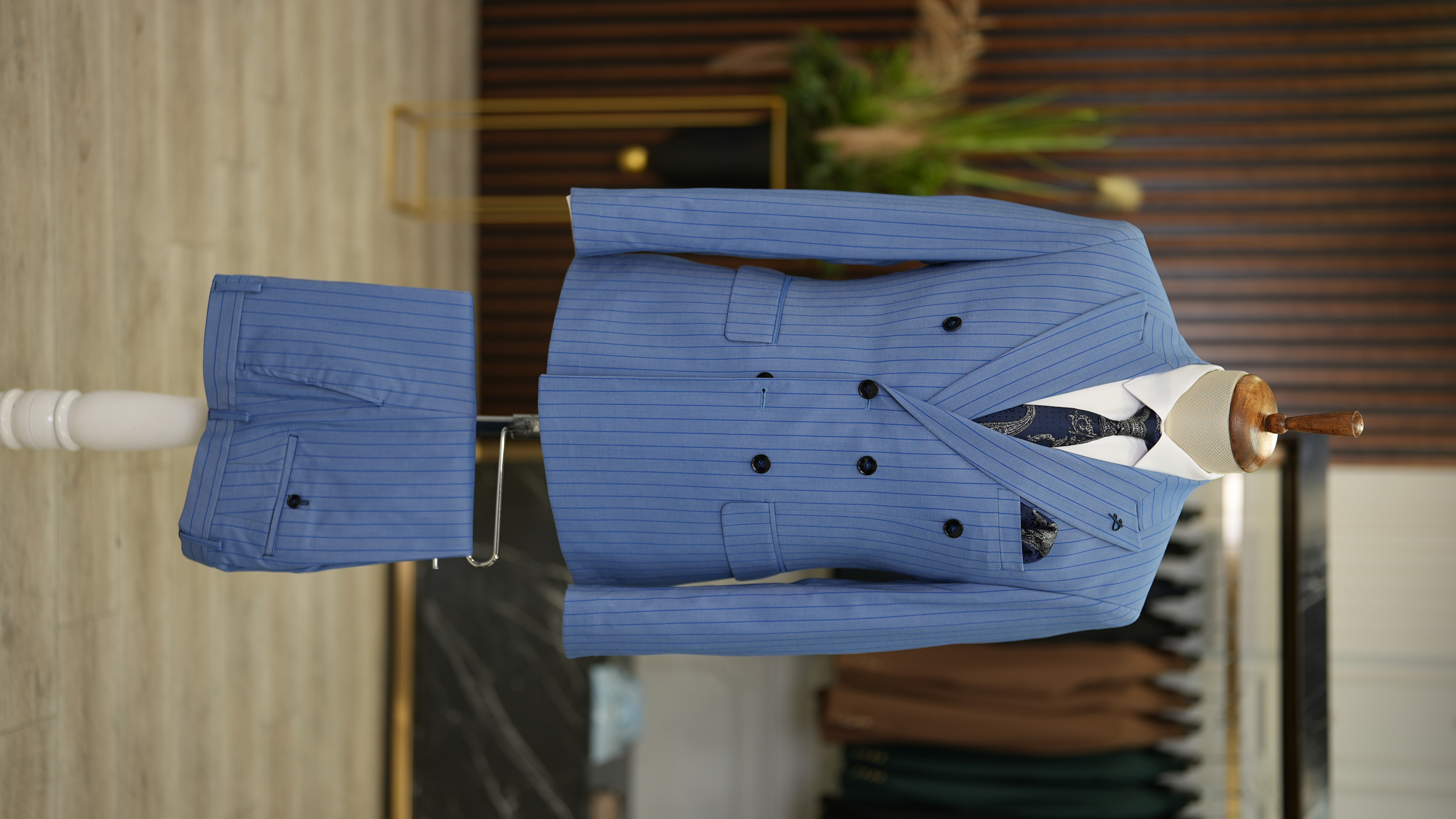 Erkek Slim Fit Kruvaze Takım Elbise Ceket Pantolon-Mavi