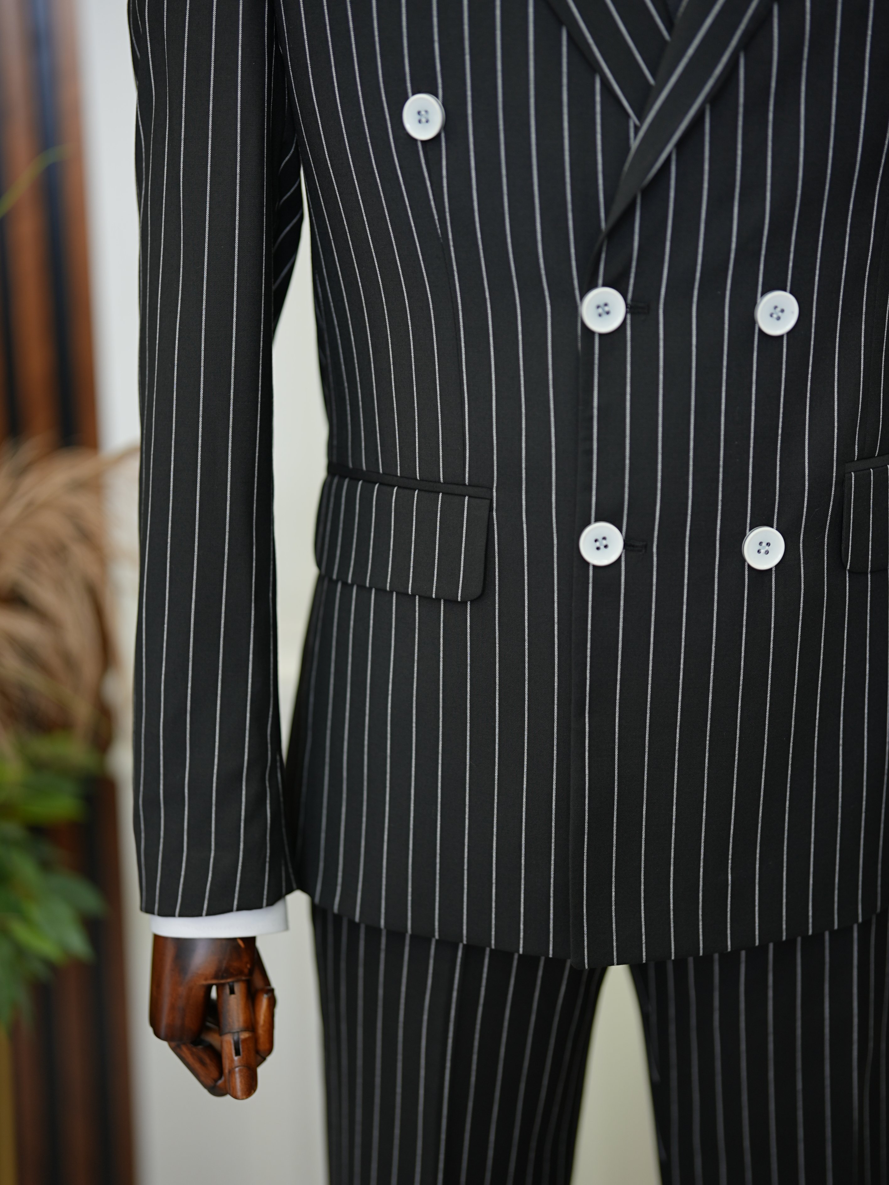 Erkek Slim Fit Kruvaze Takım Elbise Ceket Pantolon - Siyah