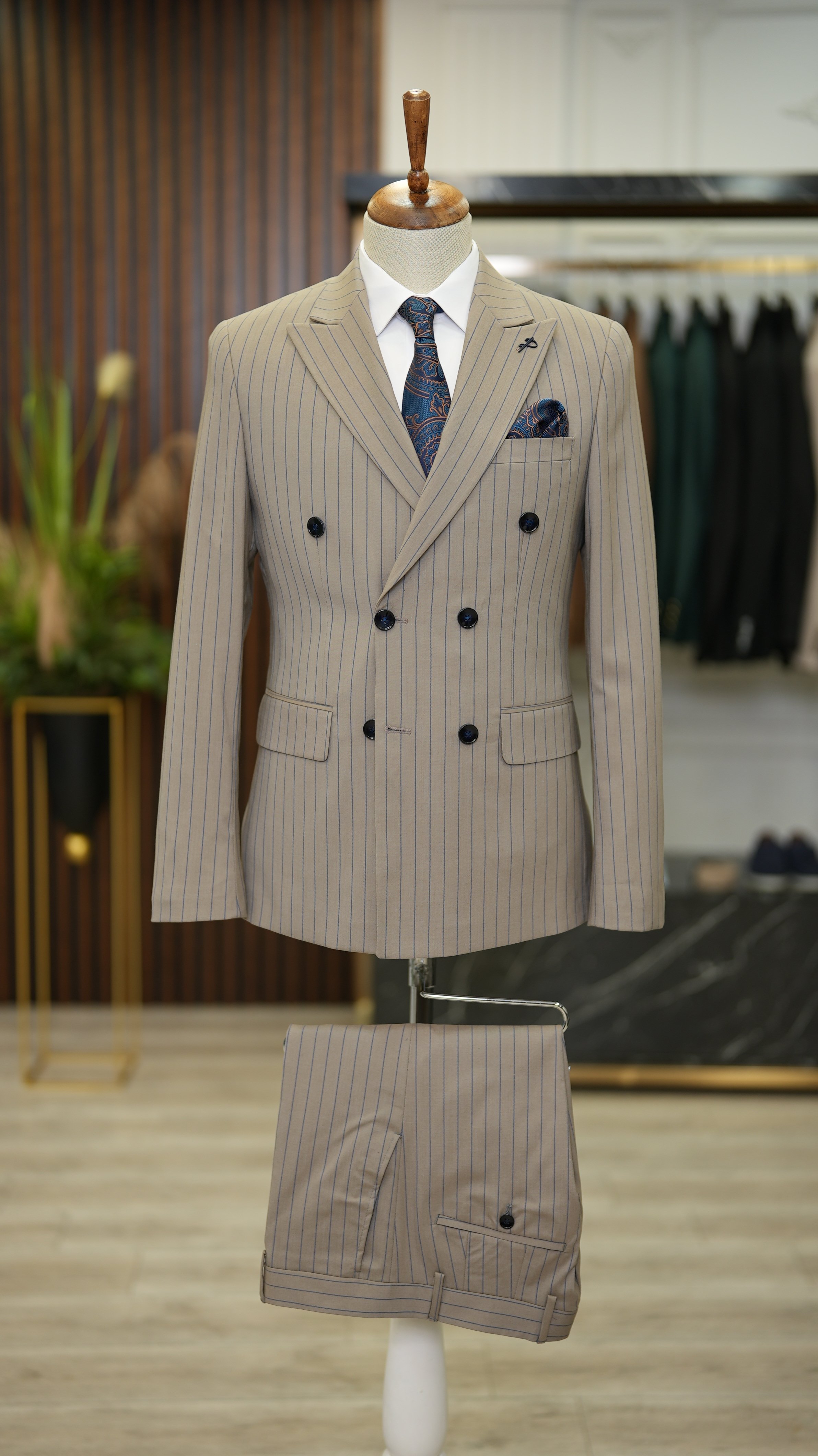 Pantaloni da giacca da abito doppiopetto slim fit da uomo - Marrone latte