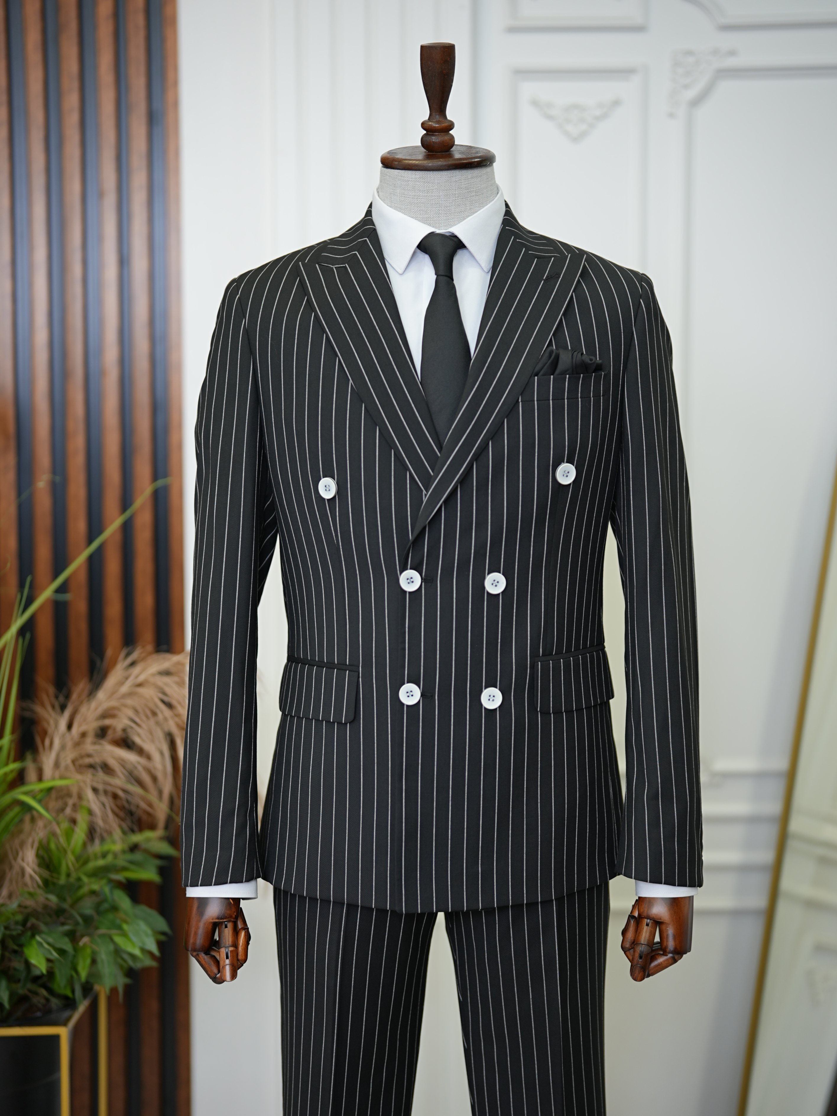 Erkek Slim Fit Kruvaze Takım Elbise Ceket Pantolon - Siyah