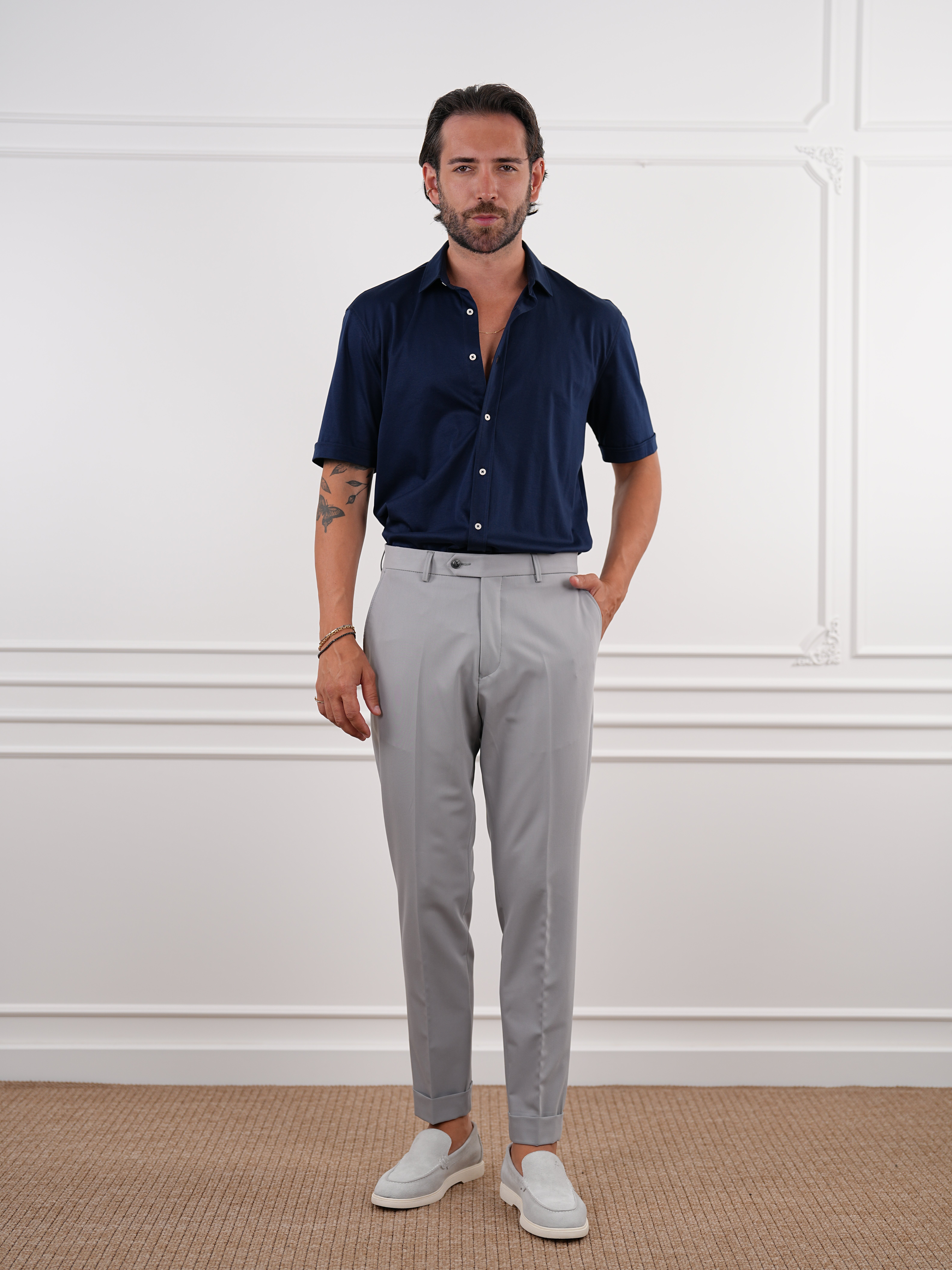 Erkek Slim Fit Yüksek Bel Duble Paça Kumaş Pantolon - Acık Gri