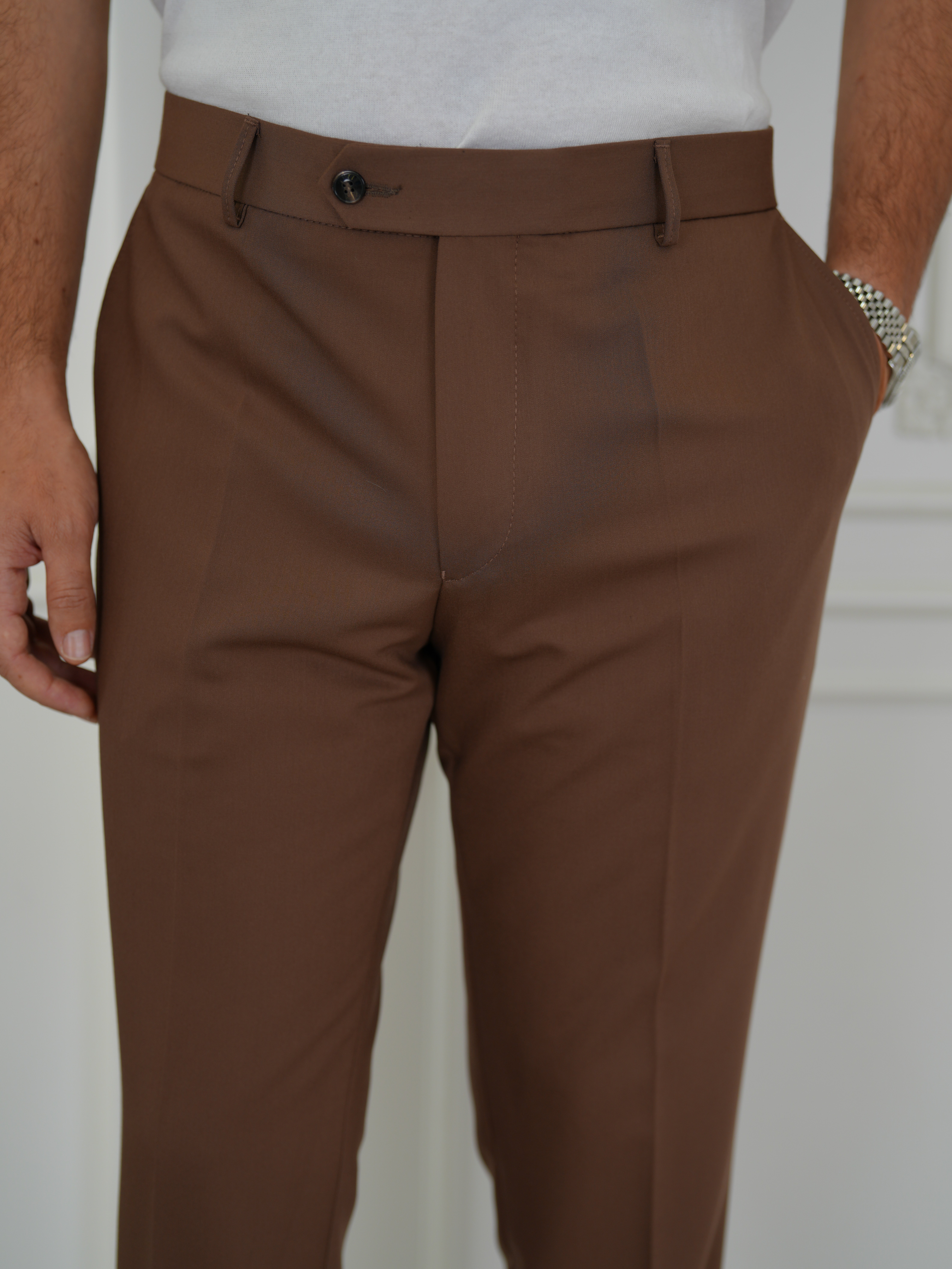 Erkek Slim Fit Yüksek Bel Duble Paça Kumaş Pantolon - Kahve