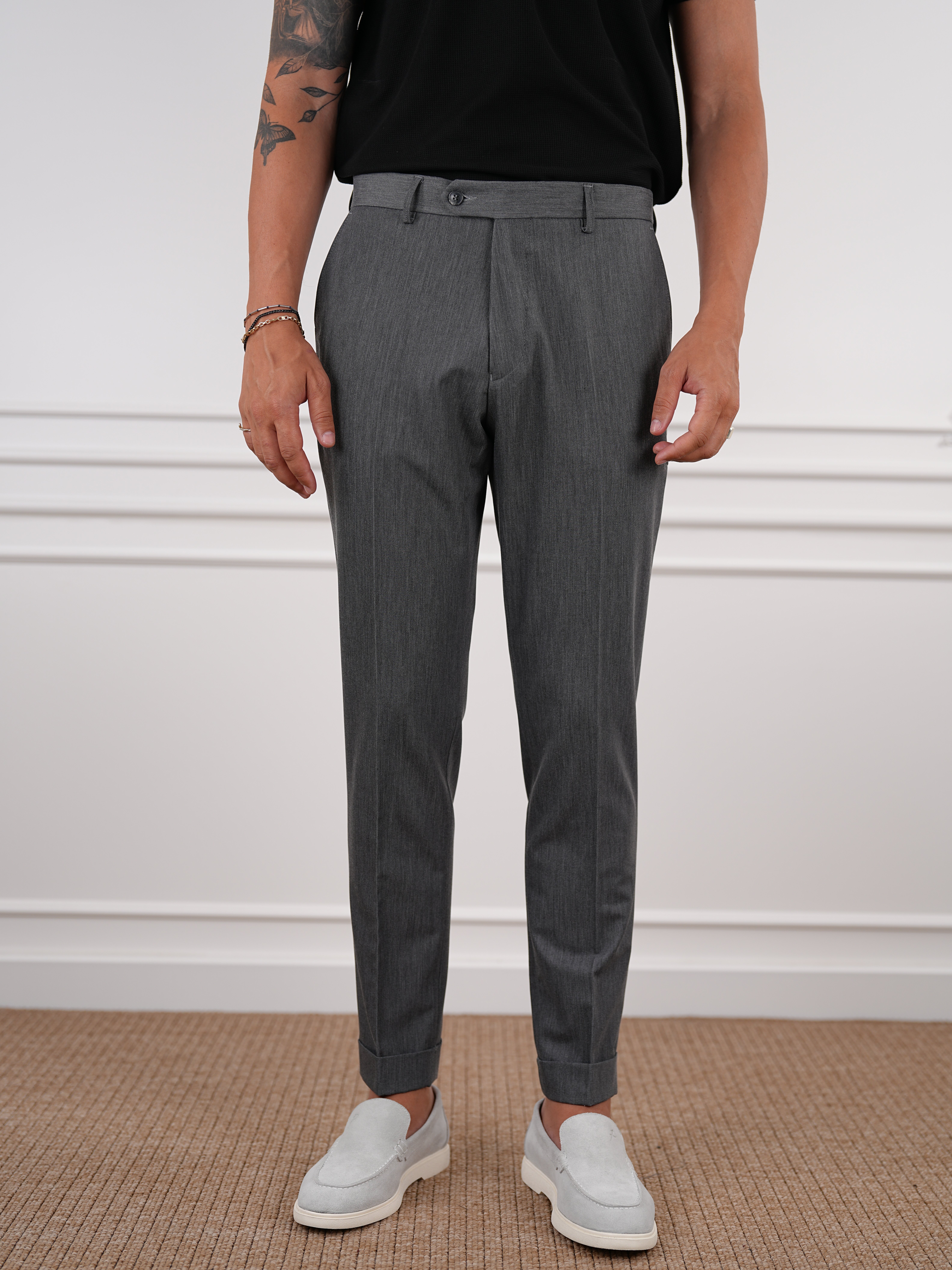 Erkek Slim Fit Yüksek Bel Duble Paça Kumaş Pantolon - Füme