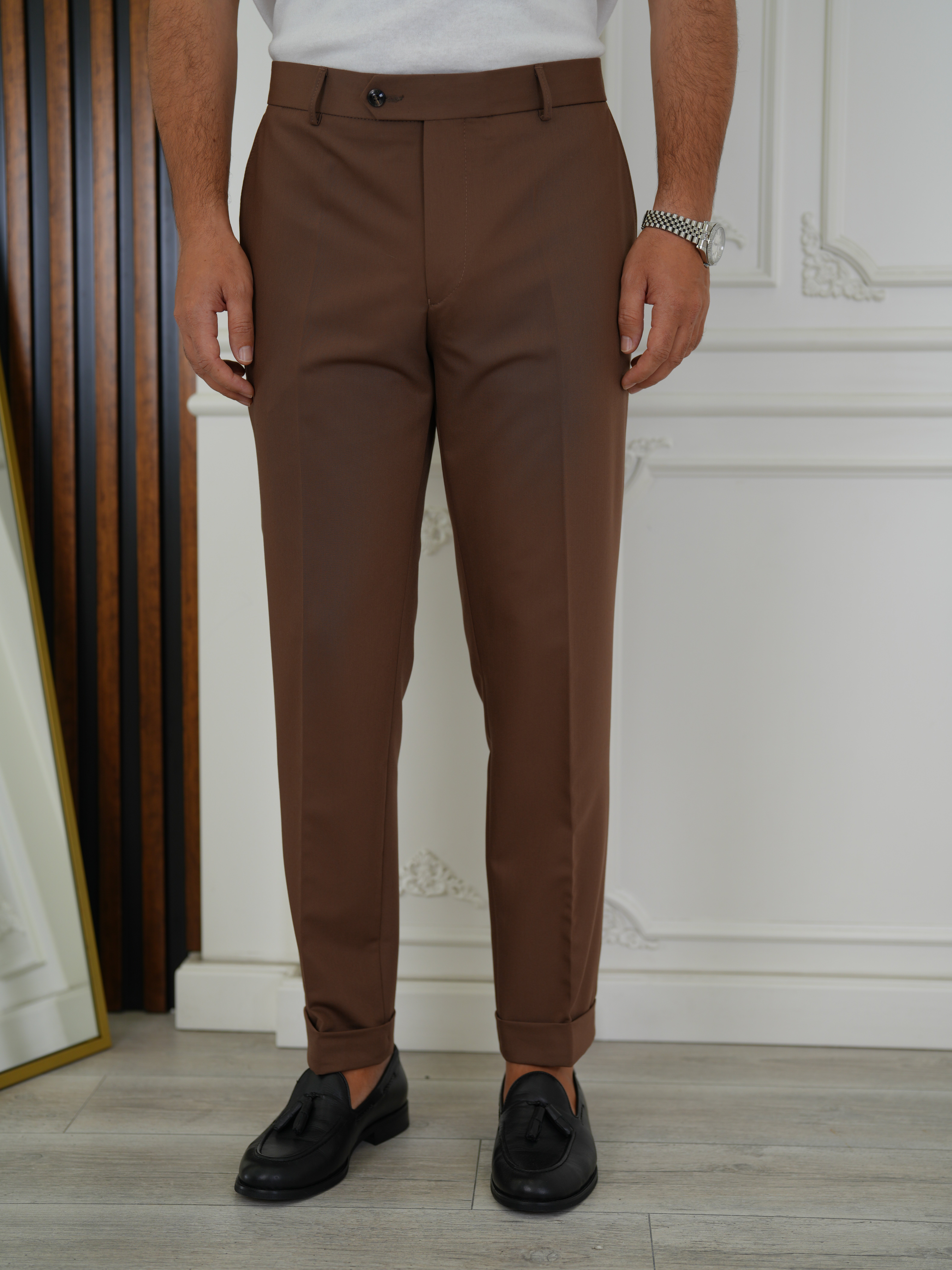 Erkek Slim Fit Yüksek Bel Duble Paça Kumaş Pantolon - Kahve