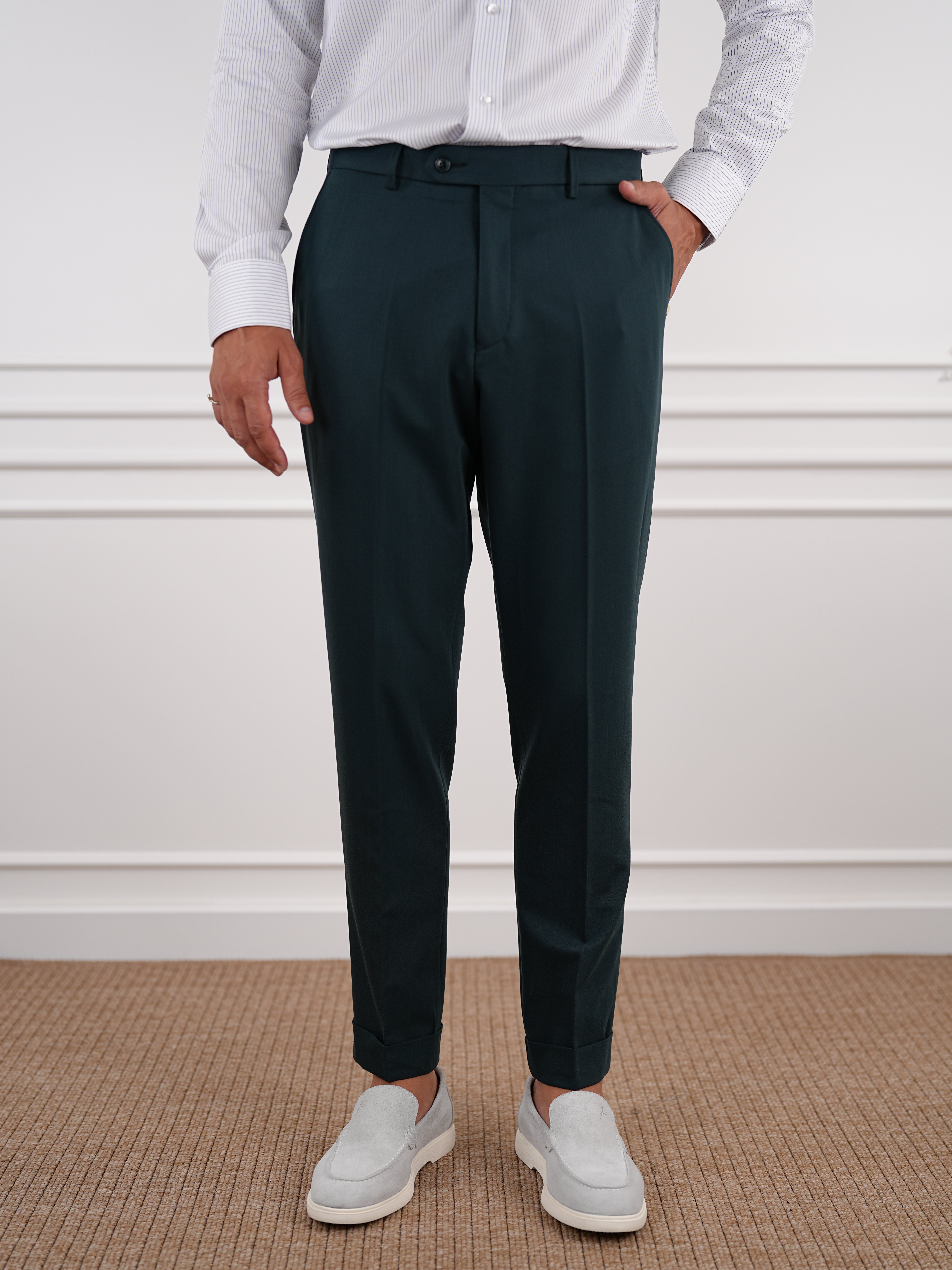Erkek Slim Fit Yüksek Bel Duble Paça Kumaş Pantolon - Yeşil
