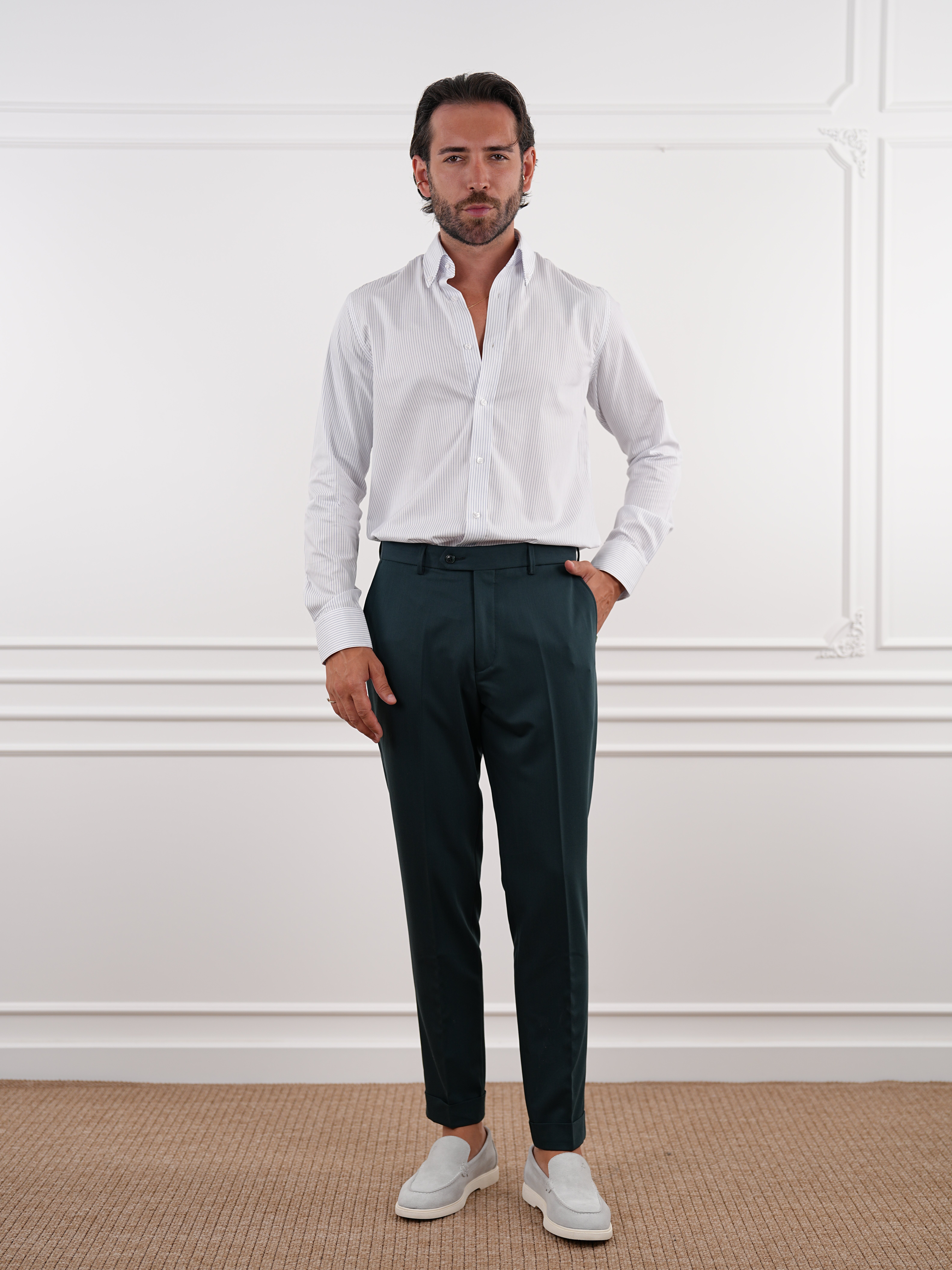 Erkek Slim Fit Yüksek Bel Duble Paça Kumaş Pantolon - Yeşil