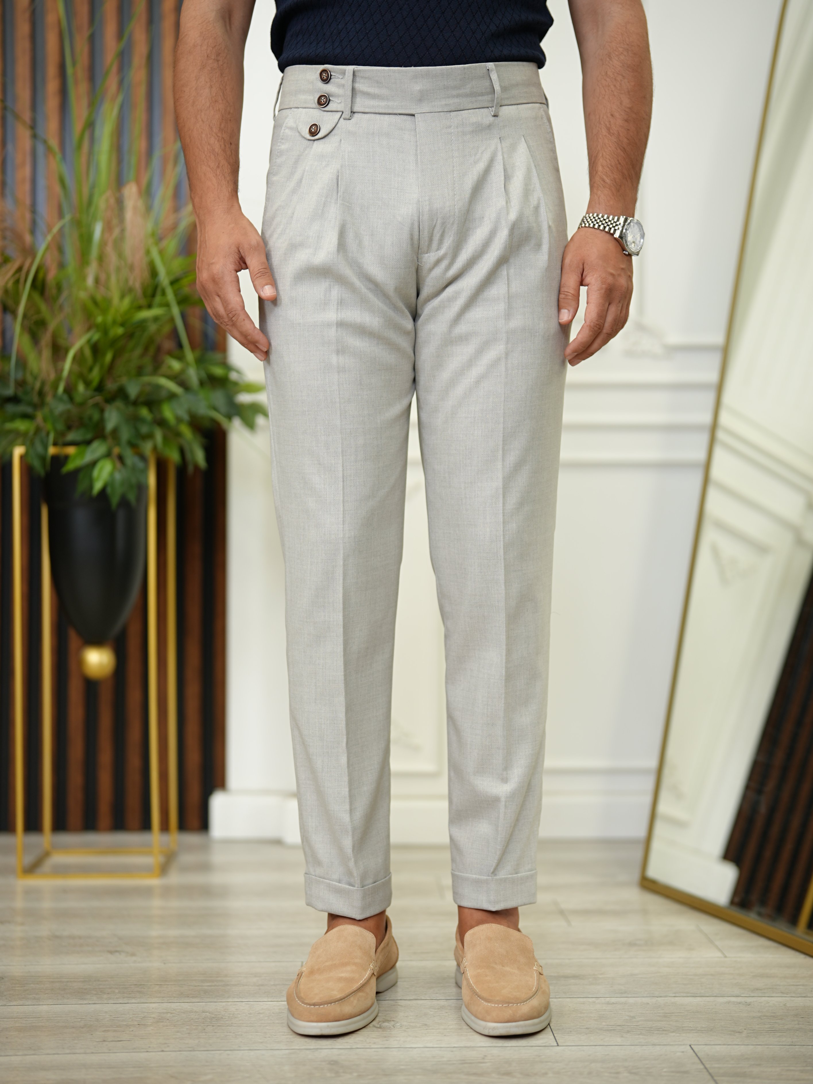 Erkek Slim Fit Yüksek Bel Duble Paça  Piliseli Kumaş Pantolon - Acık Gri