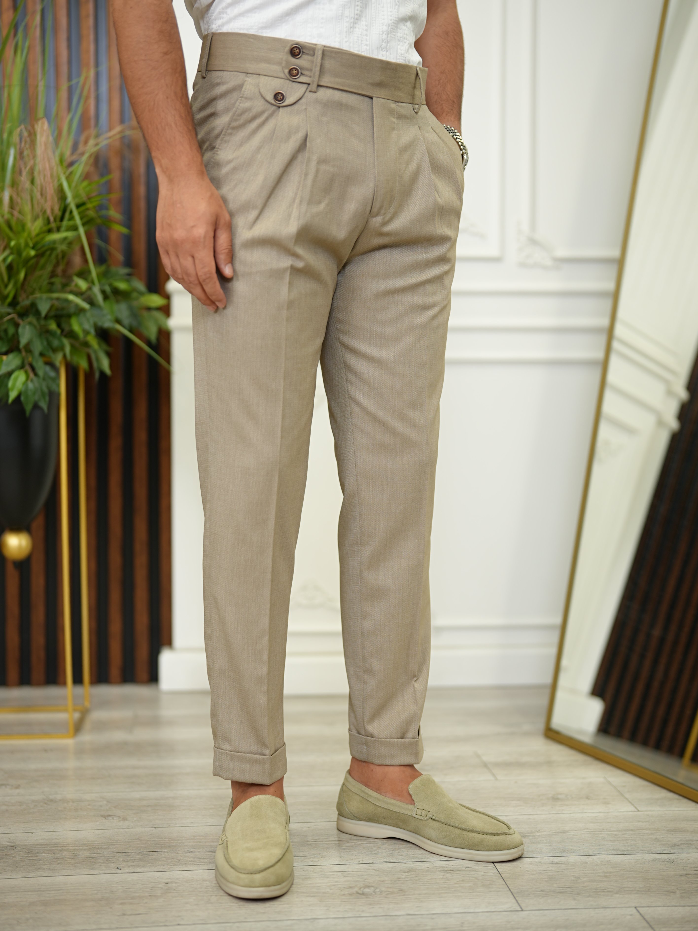 Erkek Slim Fit Yüksek Bel Duble Paça  Piliseli Kumaş Pantolon - Sütlü Kahve