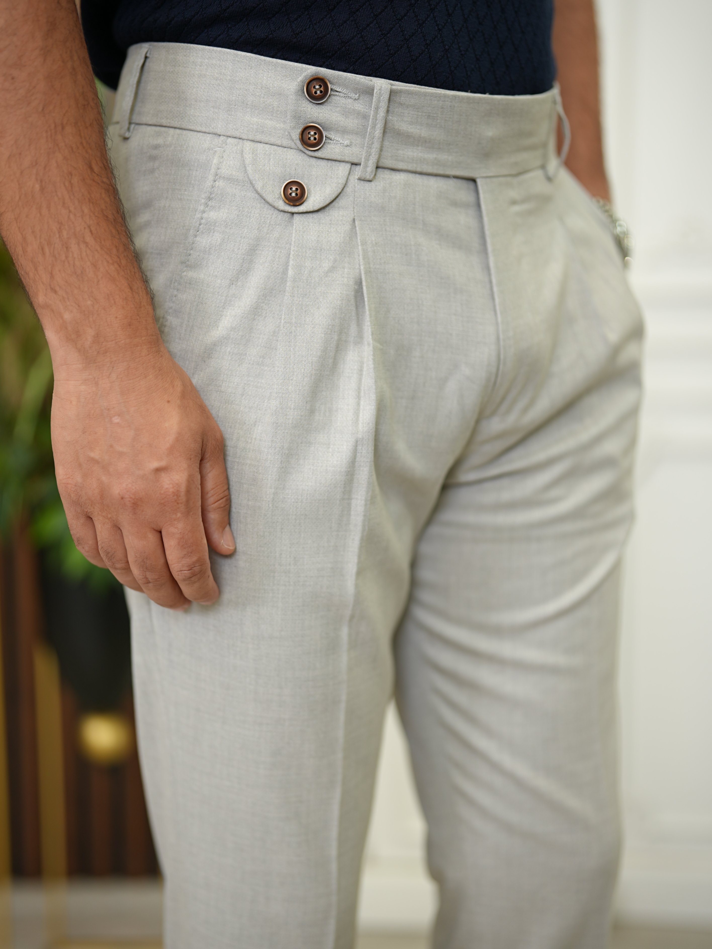 Erkek Slim Fit Yüksek Bel Duble Paça  Piliseli Kumaş Pantolon - Acık Gri