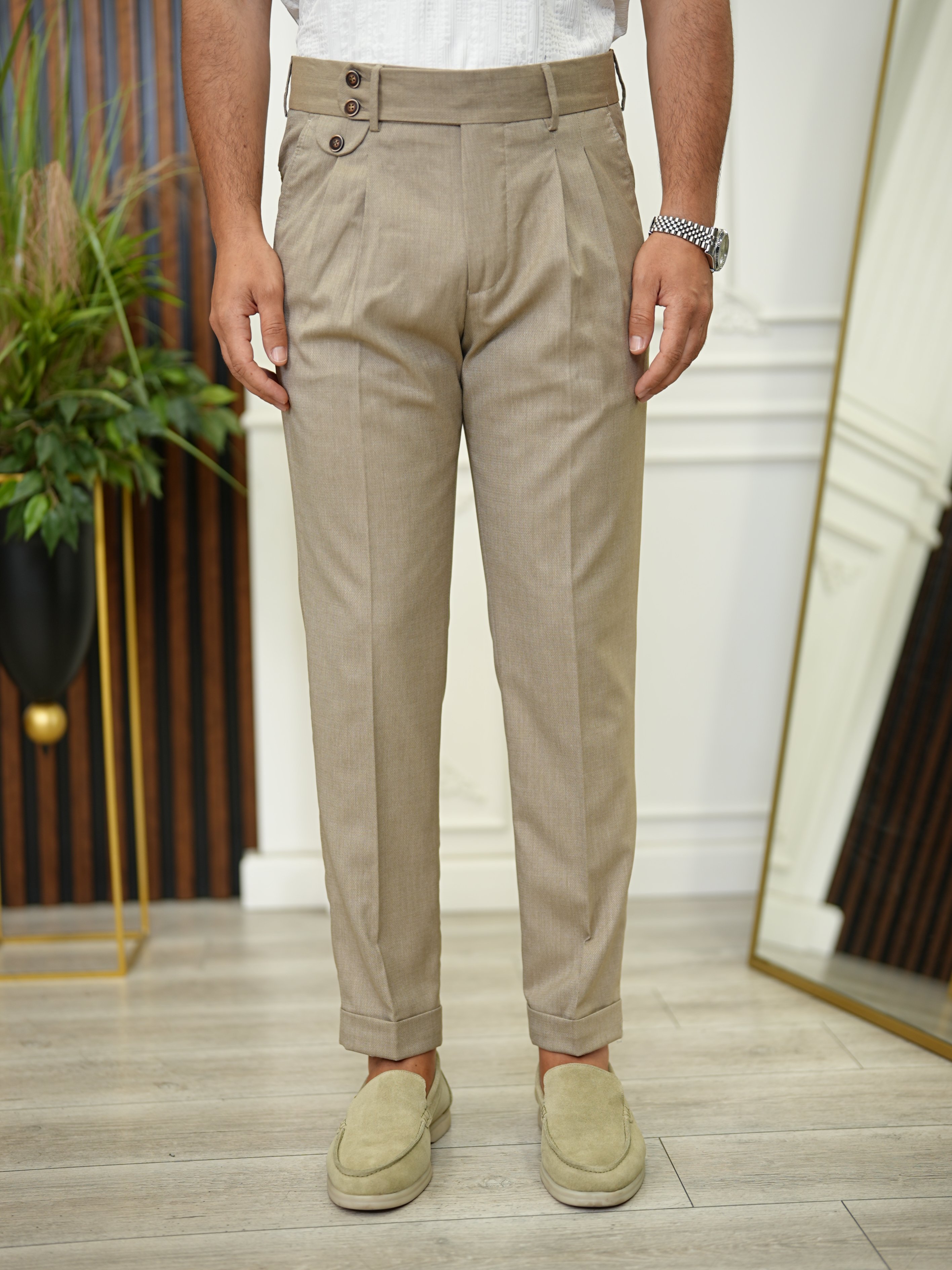 Erkek Slim Fit Yüksek Bel Duble Paça  Piliseli Kumaş Pantolon - Sütlü Kahve
