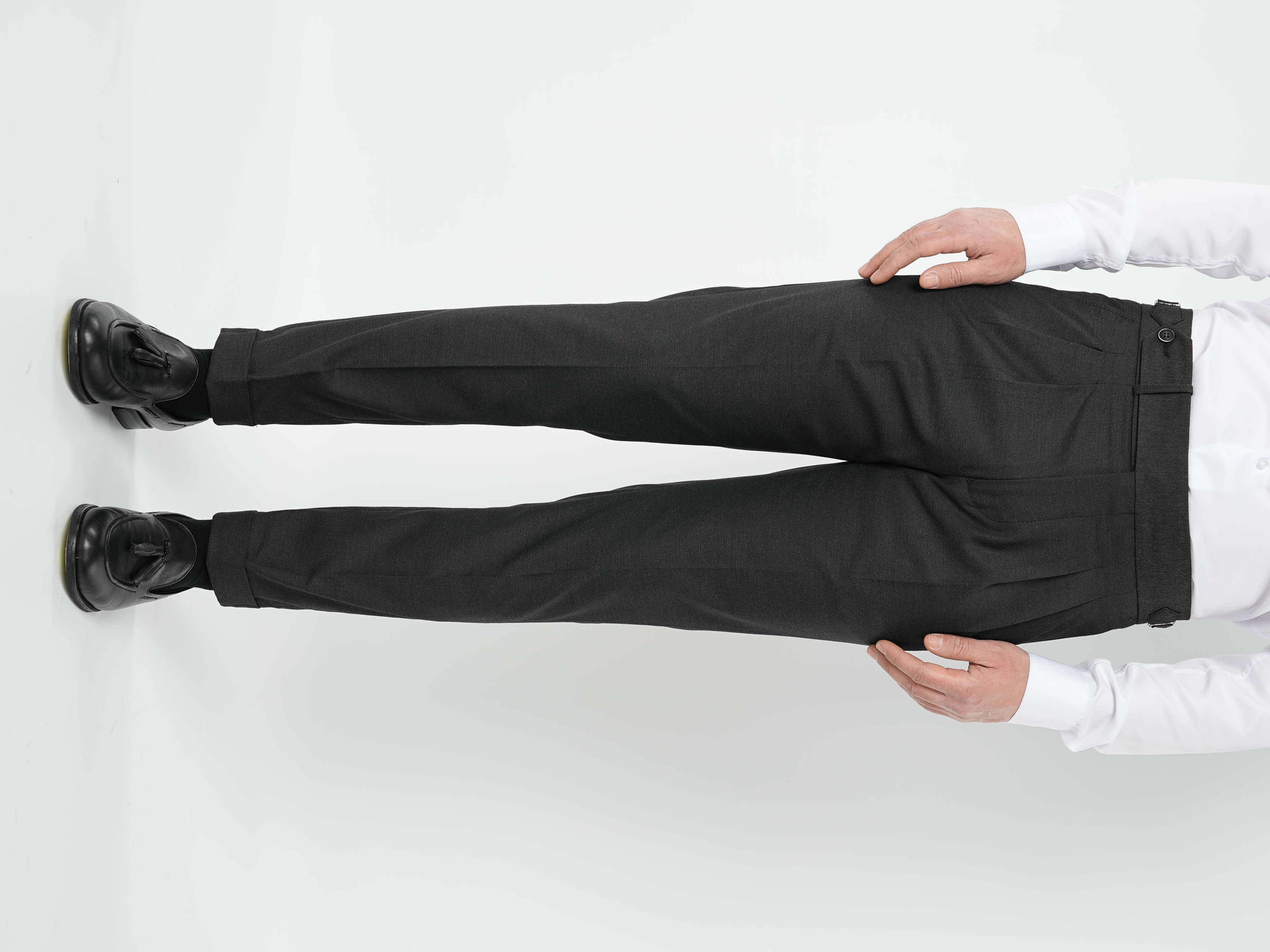 Erkek Slim Fit Yüksek Bel Duble Paça Tokalı  Piliseli Kumaş Pantolon - Füme