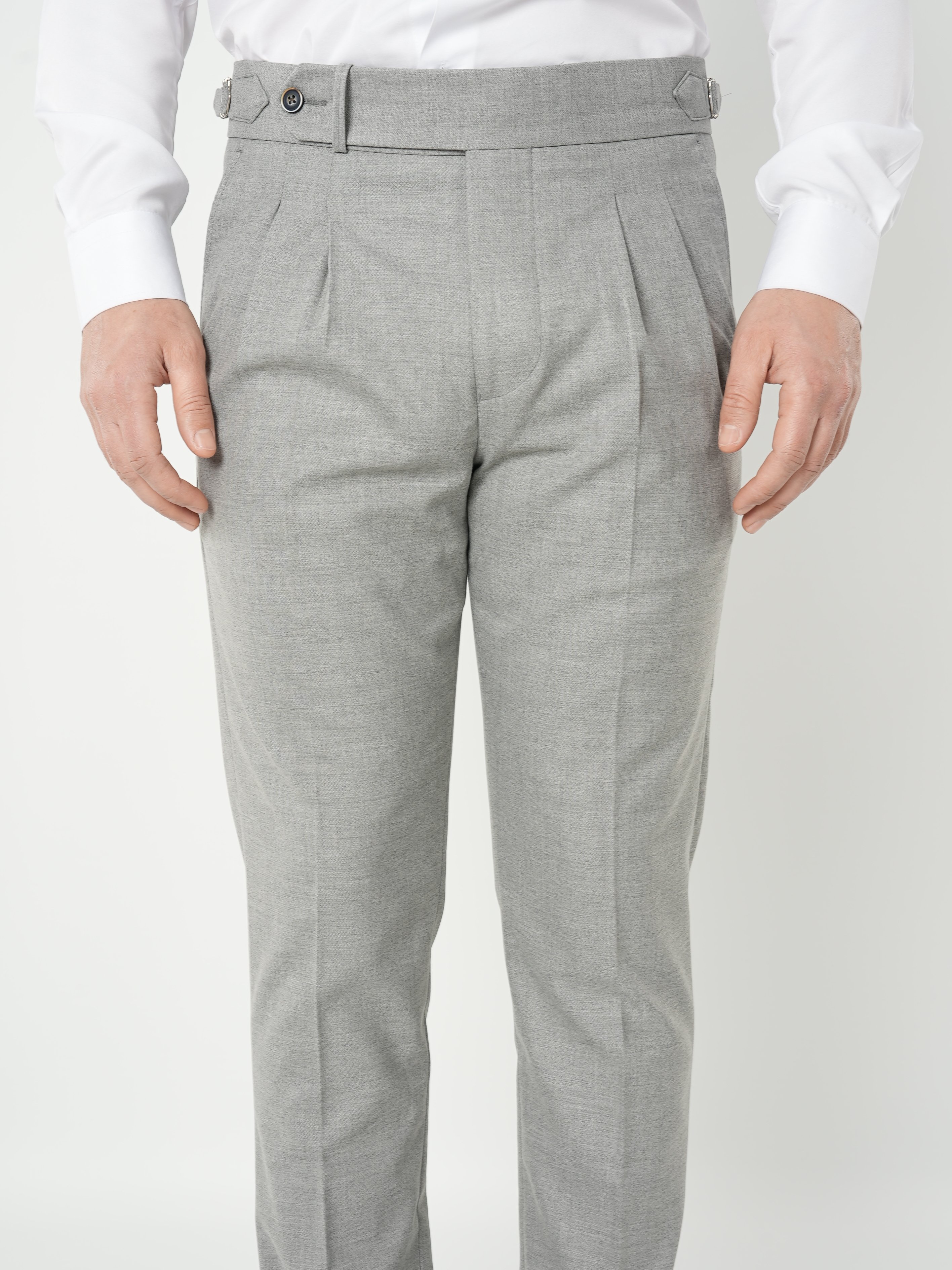 Erkek Slim Fit Yüksek Bel Duble Paça Tokalı  Piliseli Kumaş Pantolon - Gri