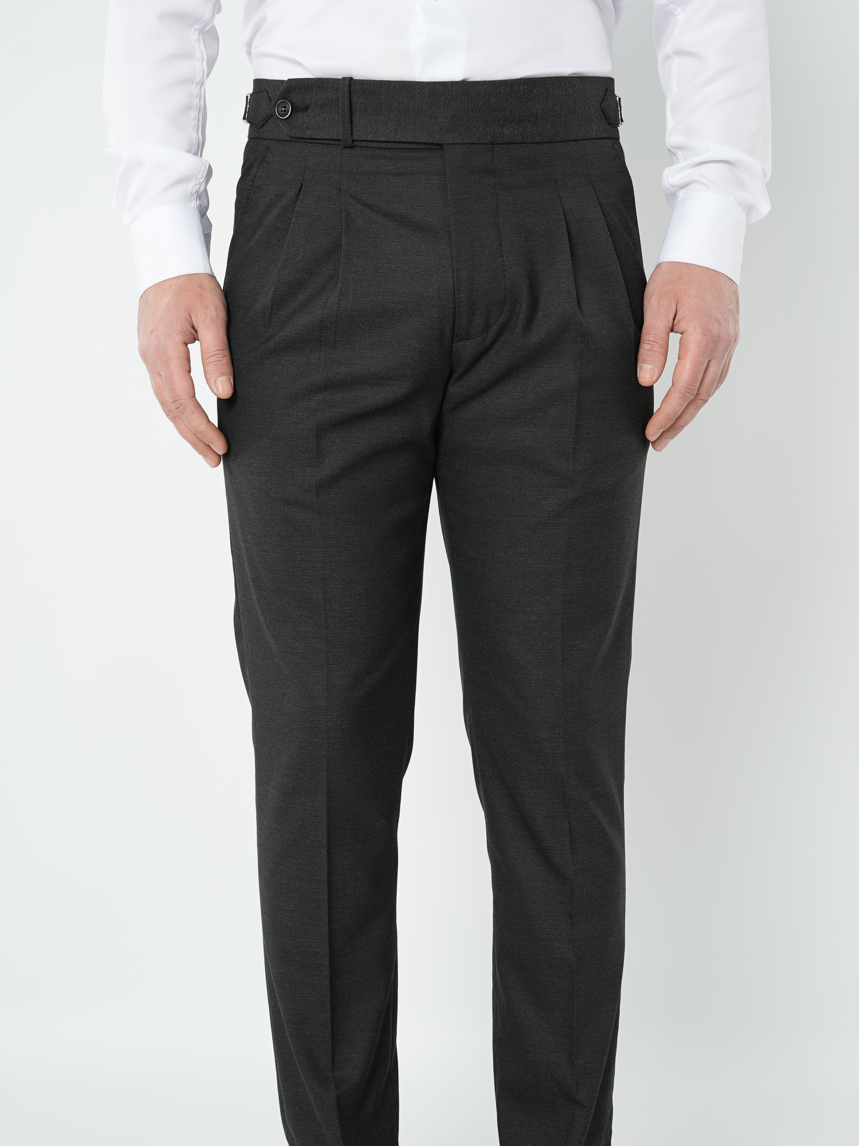 Erkek Slim Fit Yüksek Bel Duble Paça Tokalı  Piliseli Kumaş Pantolon - Füme