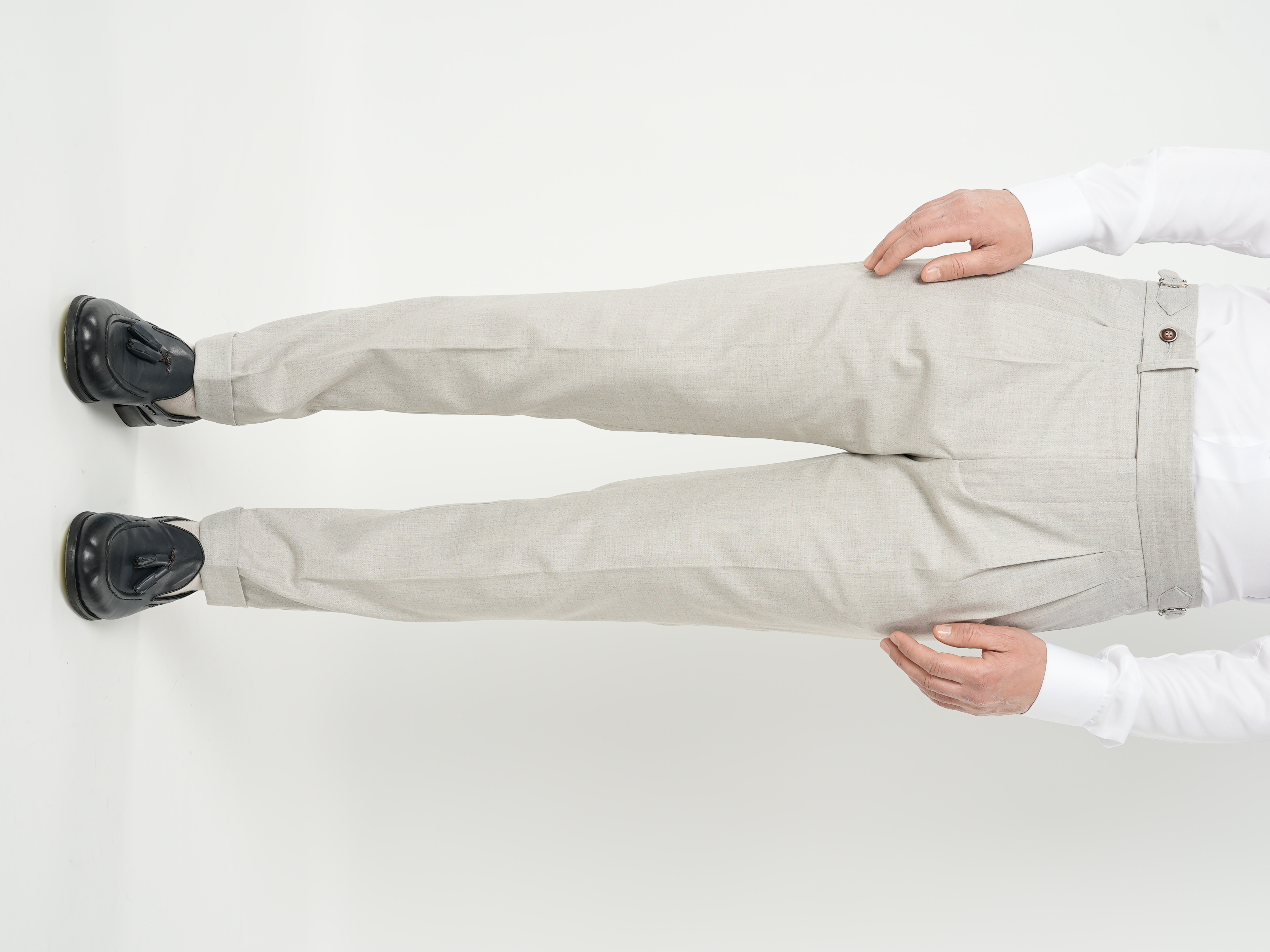 Erkek Slim Fit Yüksek Bel Duble Paça Tokalı  Piliseli Kumaş Pantolon - Acık Gri