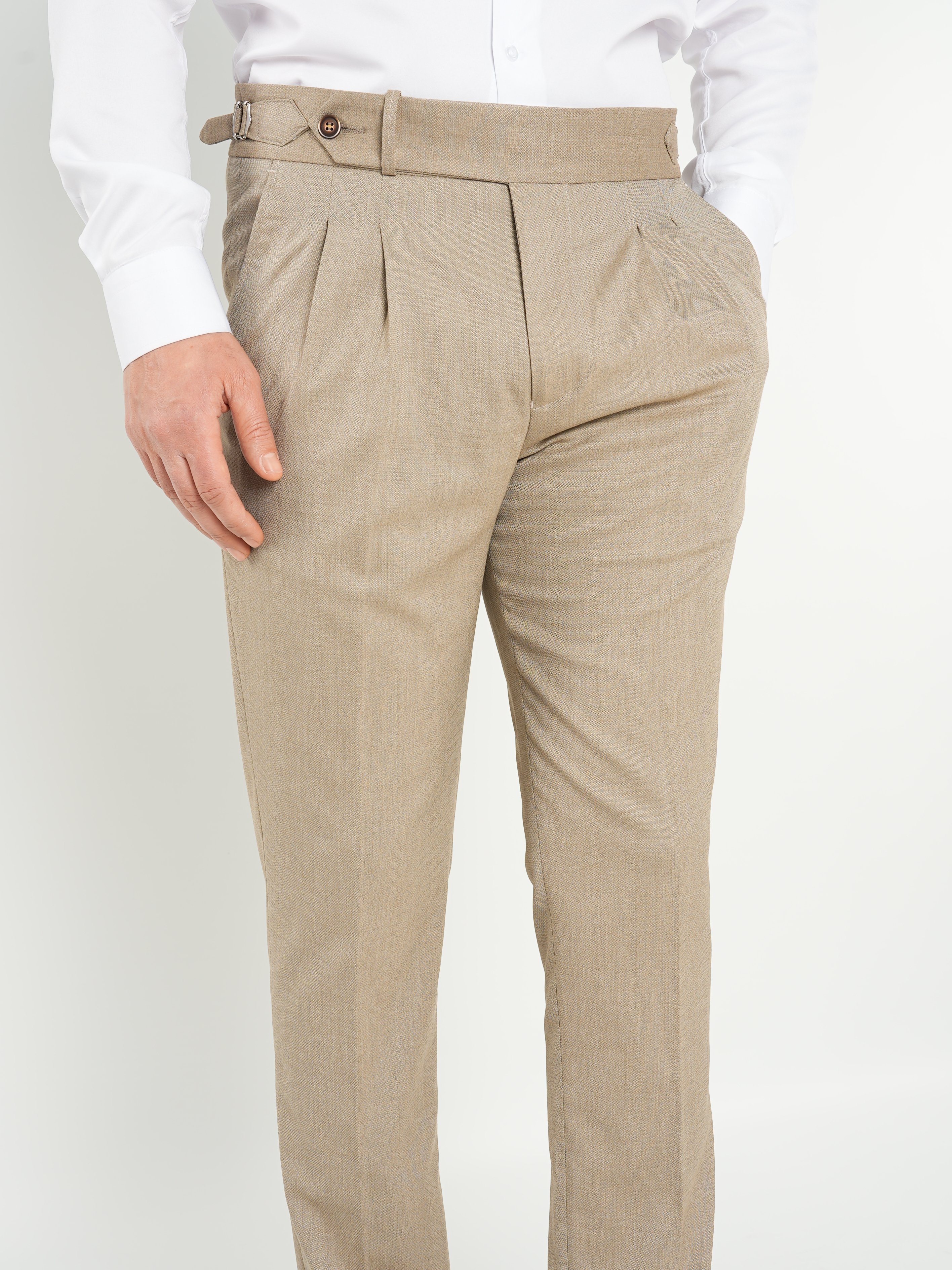 Erkek Slim Fit Yüksek Bel Duble Paça Tokalı  Piliseli Kumaş Pantolon - Sütlü Kahve