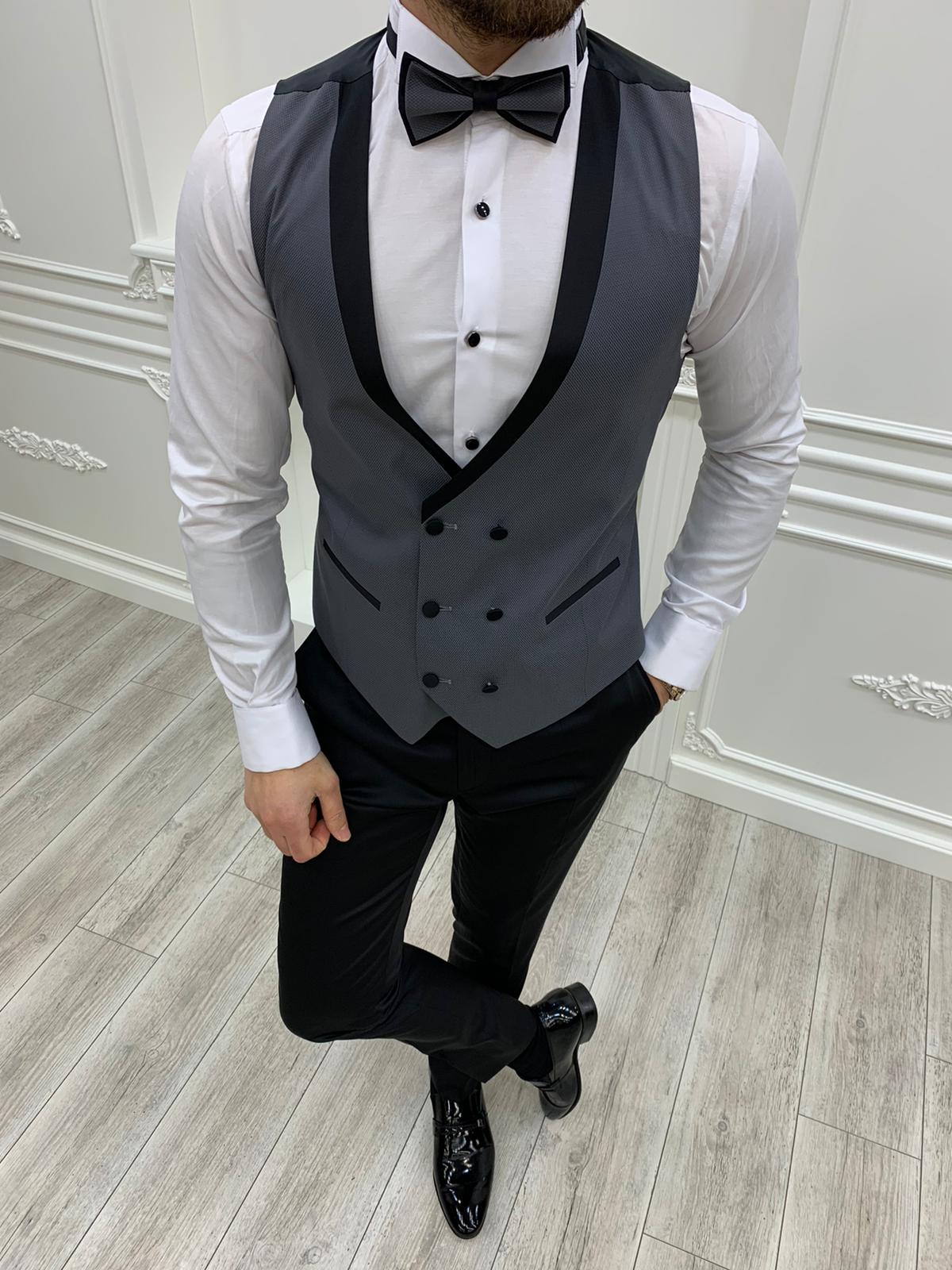 Erkek Smokin Damatlık Şal Yaka İtalyan Kesim Slim Fit Ceket Yelek Pantolon Papyon-Gri