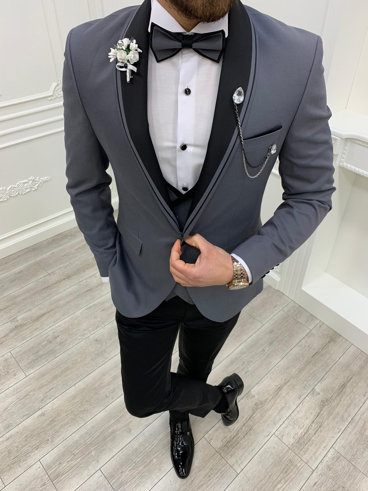 Erkek Smokin Damatlık Şal Yaka İtalyan Kesim Slim Fit Ceket Yelek Pantolon Papyon-Gri