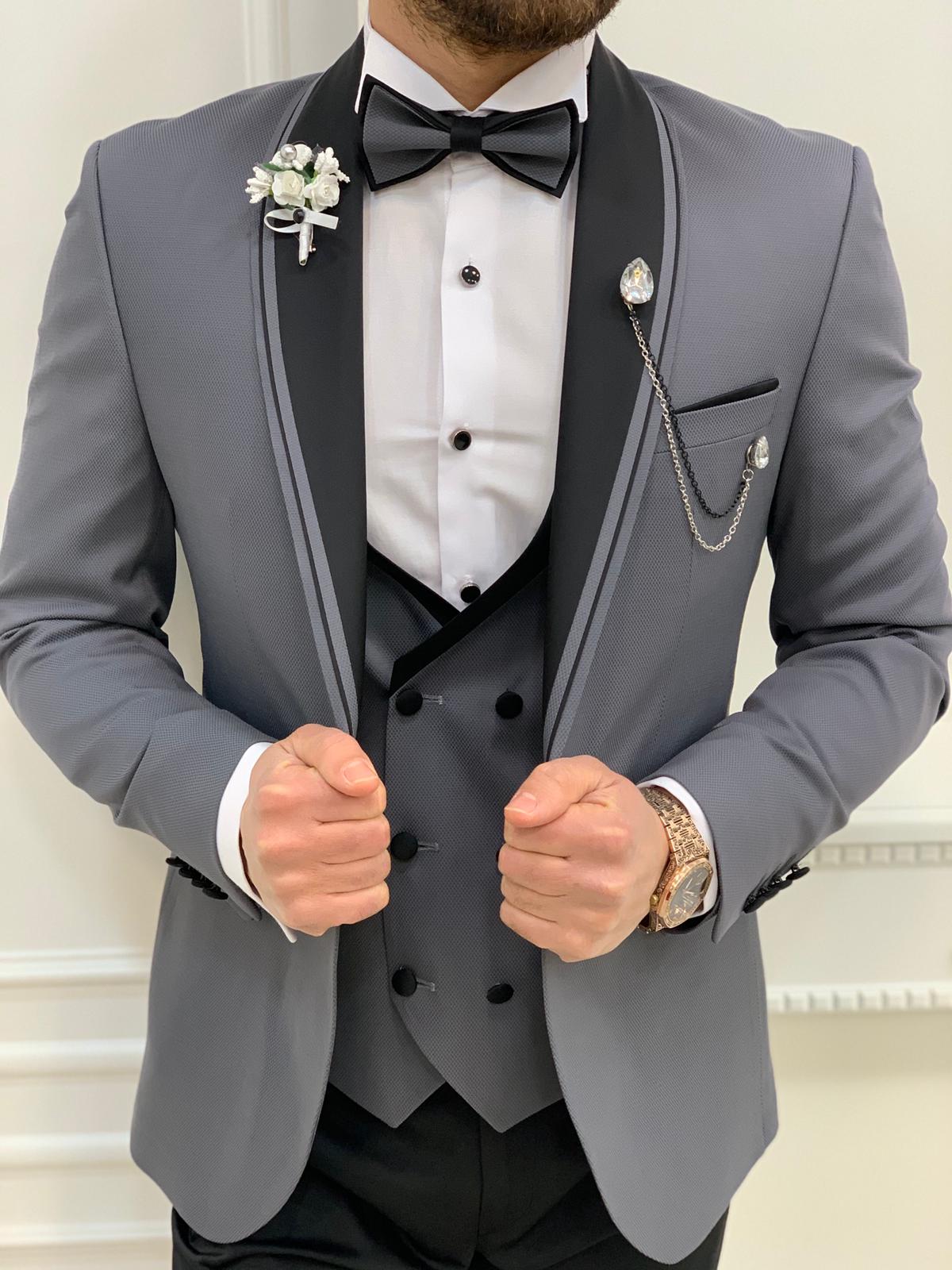 Erkek Smokin Damatlık Şal Yaka İtalyan Kesim Slim Fit Ceket Yelek Pantolon Papyon-Gri