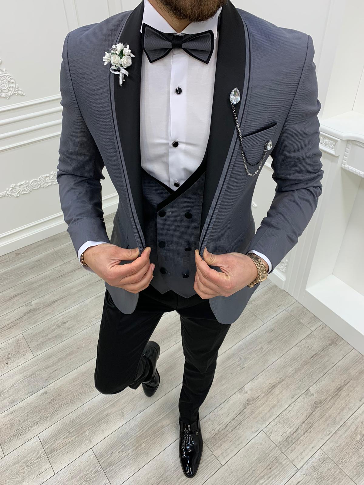 Erkek Smokin Damatlık Şal Yaka İtalyan Kesim Slim Fit Ceket Yelek Pantolon Papyon-Gri