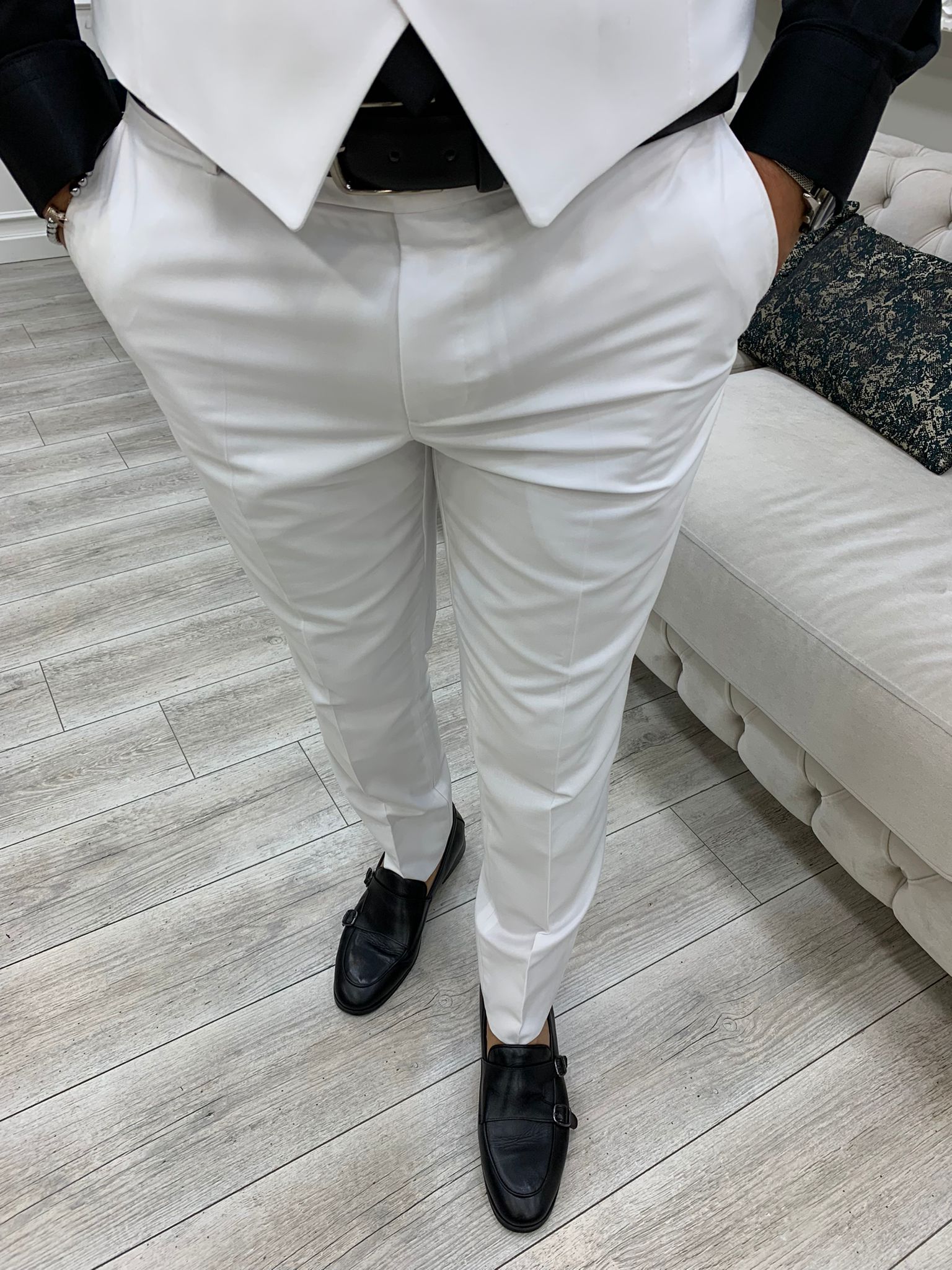 Erkek Takım Elbise Slim Fit Ceket Yelek Pantolon-Beyaz