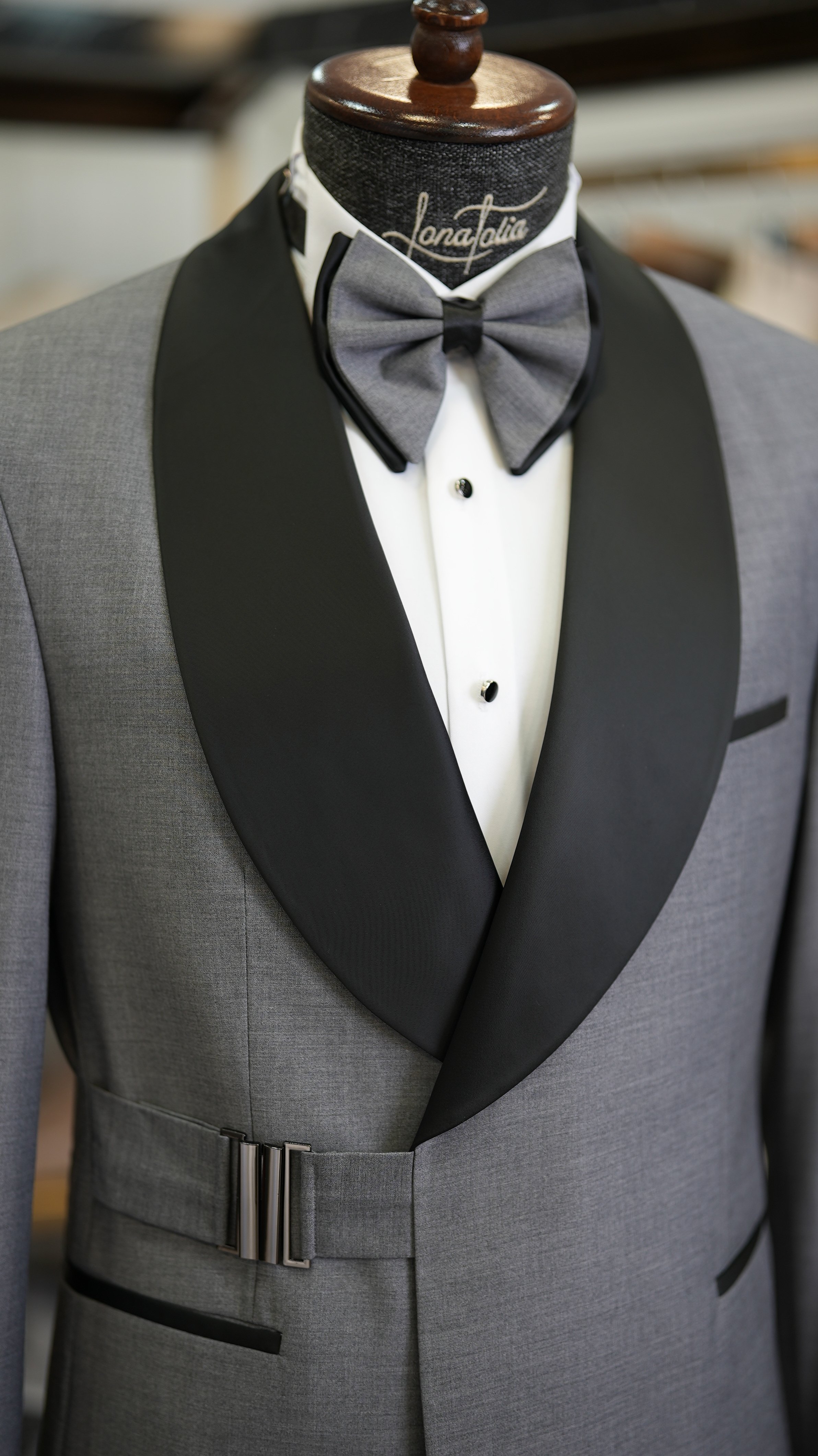 Erkek Tokalı Kruvaze Damatlık Slim fit İtalyan Stil Ceket Pantolon Papyon - Gri
