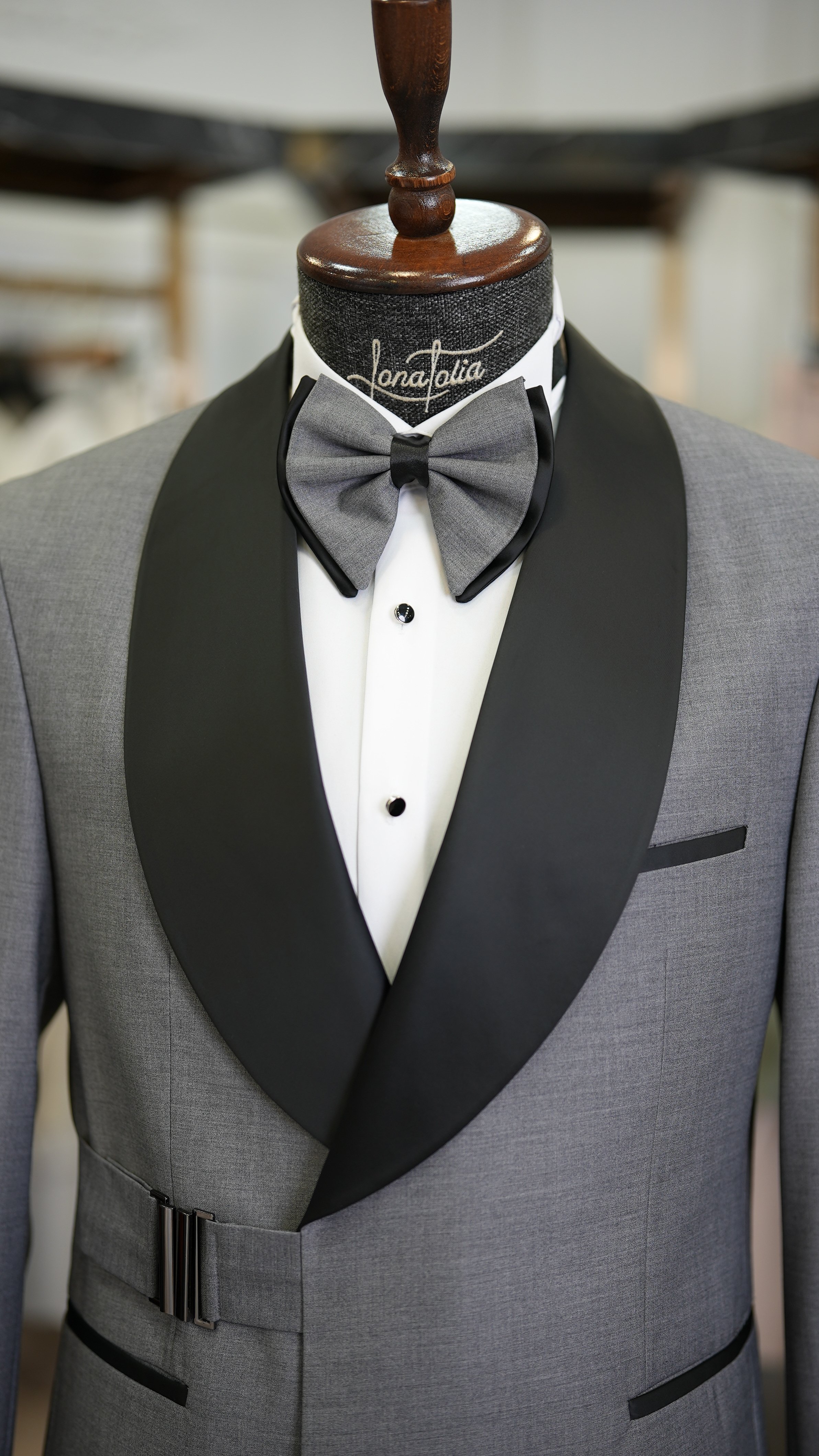 Erkek Tokalı Kruvaze Damatlık Slim fit İtalyan Stil Ceket Pantolon Papyon - Gri