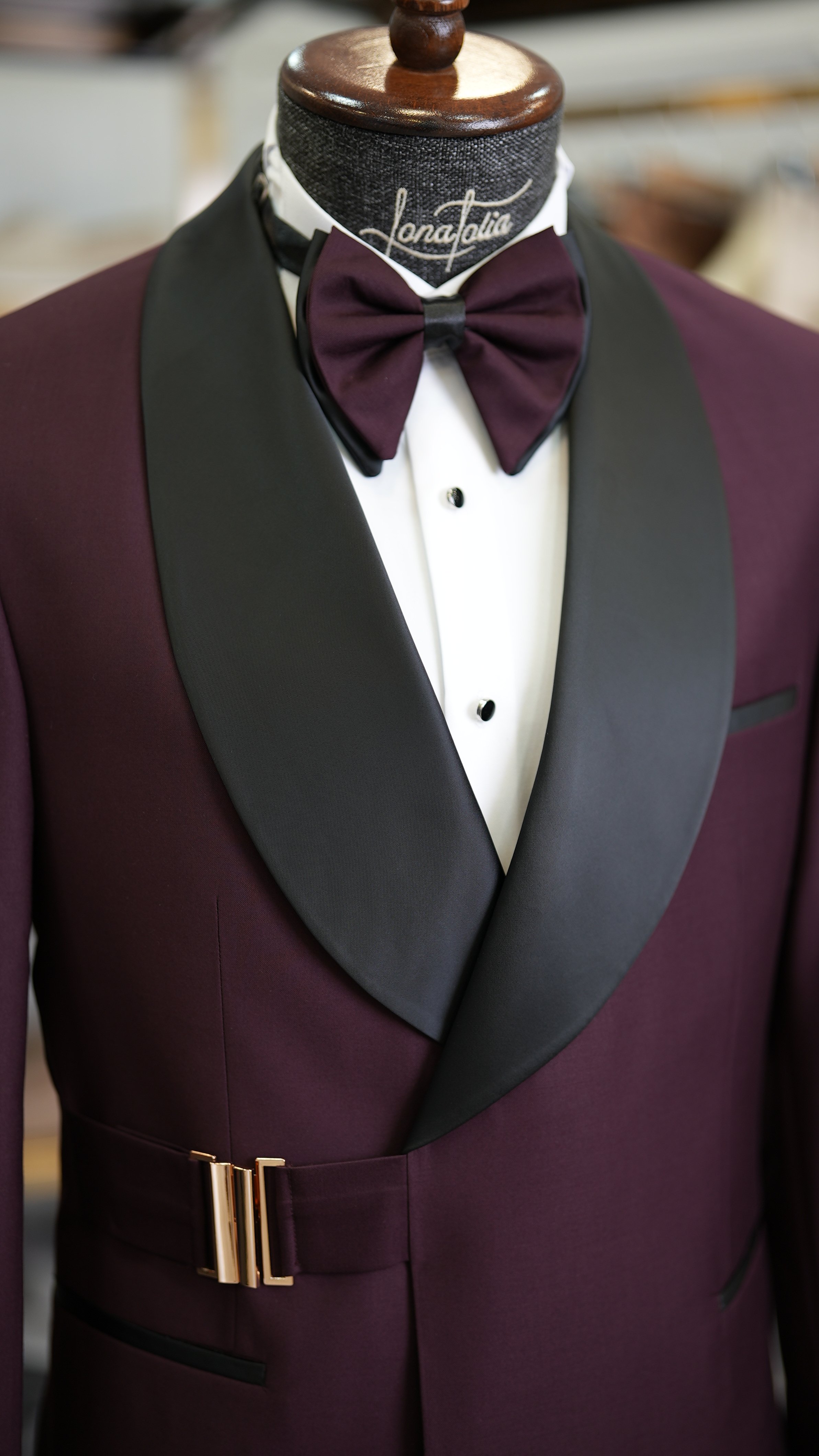 Erkek Tokalı Kruvaze Damatlık Slim fit İtalyan Stil Ceket Pantolon Papyon - Bordo