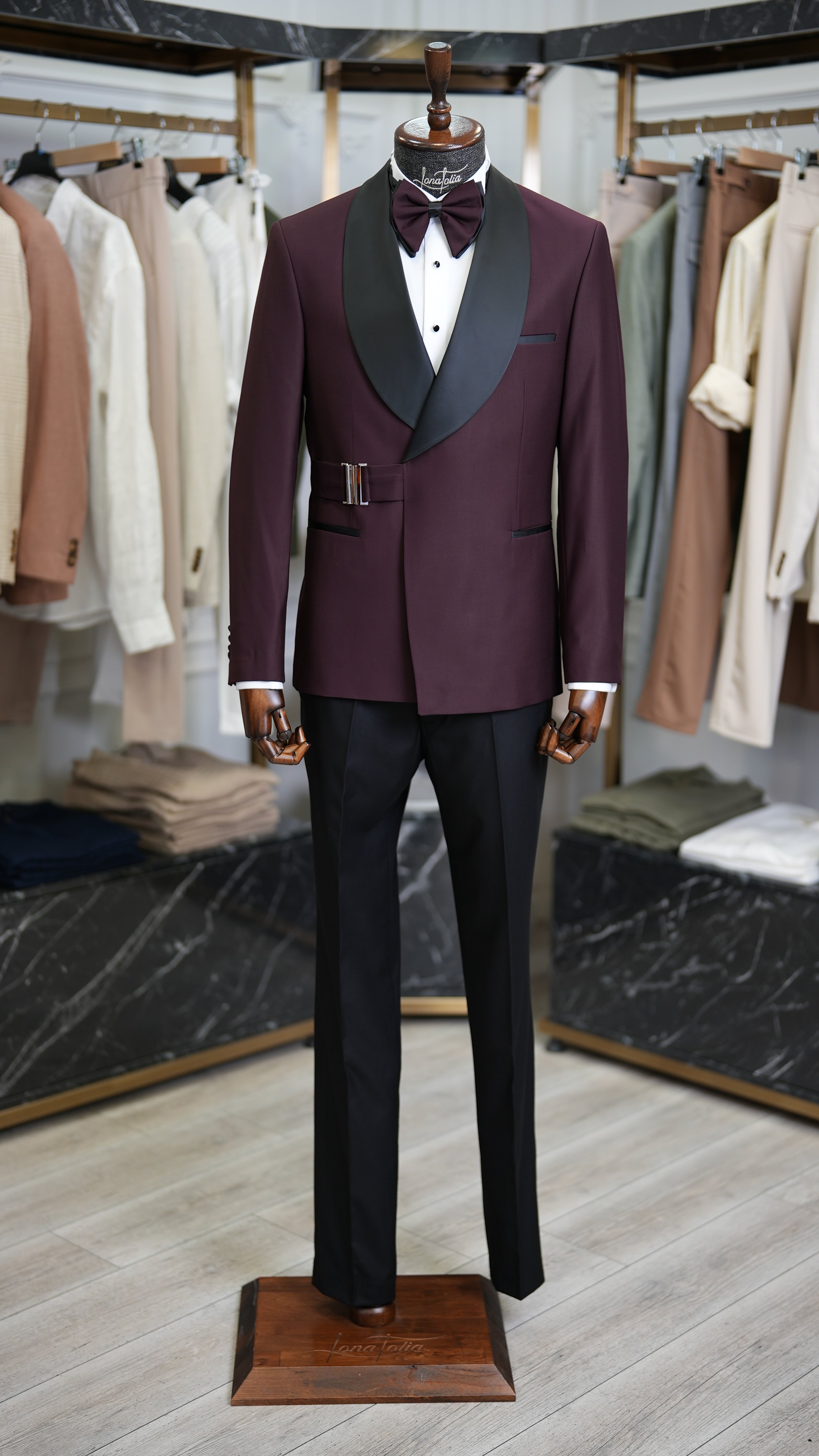 Erkek Tokalı Kruvaze Damatlık Slim fit İtalyan Stil Ceket Pantolon Papyon - Bordo