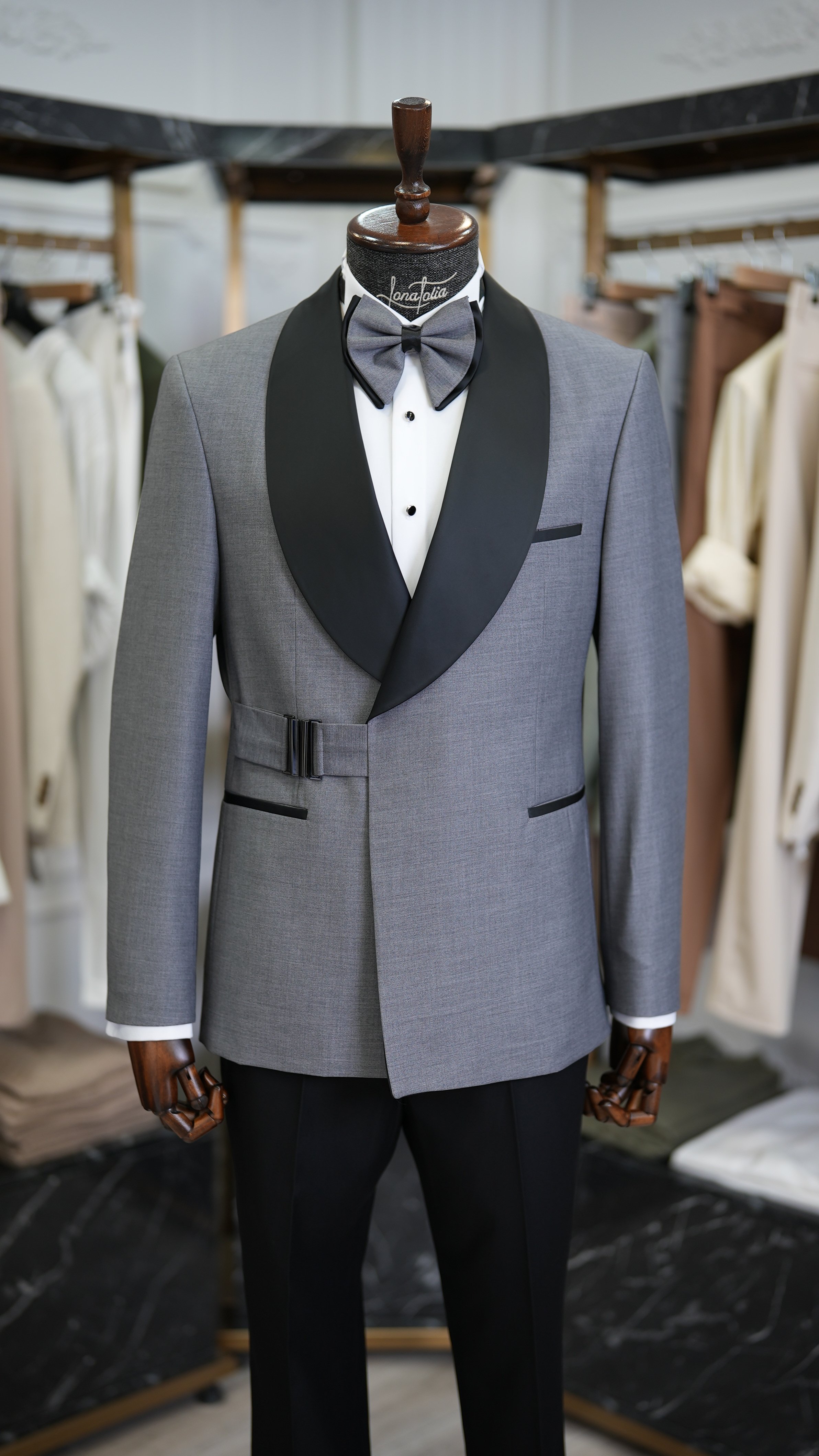Erkek Tokalı Kruvaze Damatlık Slim fit İtalyan Stil Ceket Pantolon Papyon - Gri