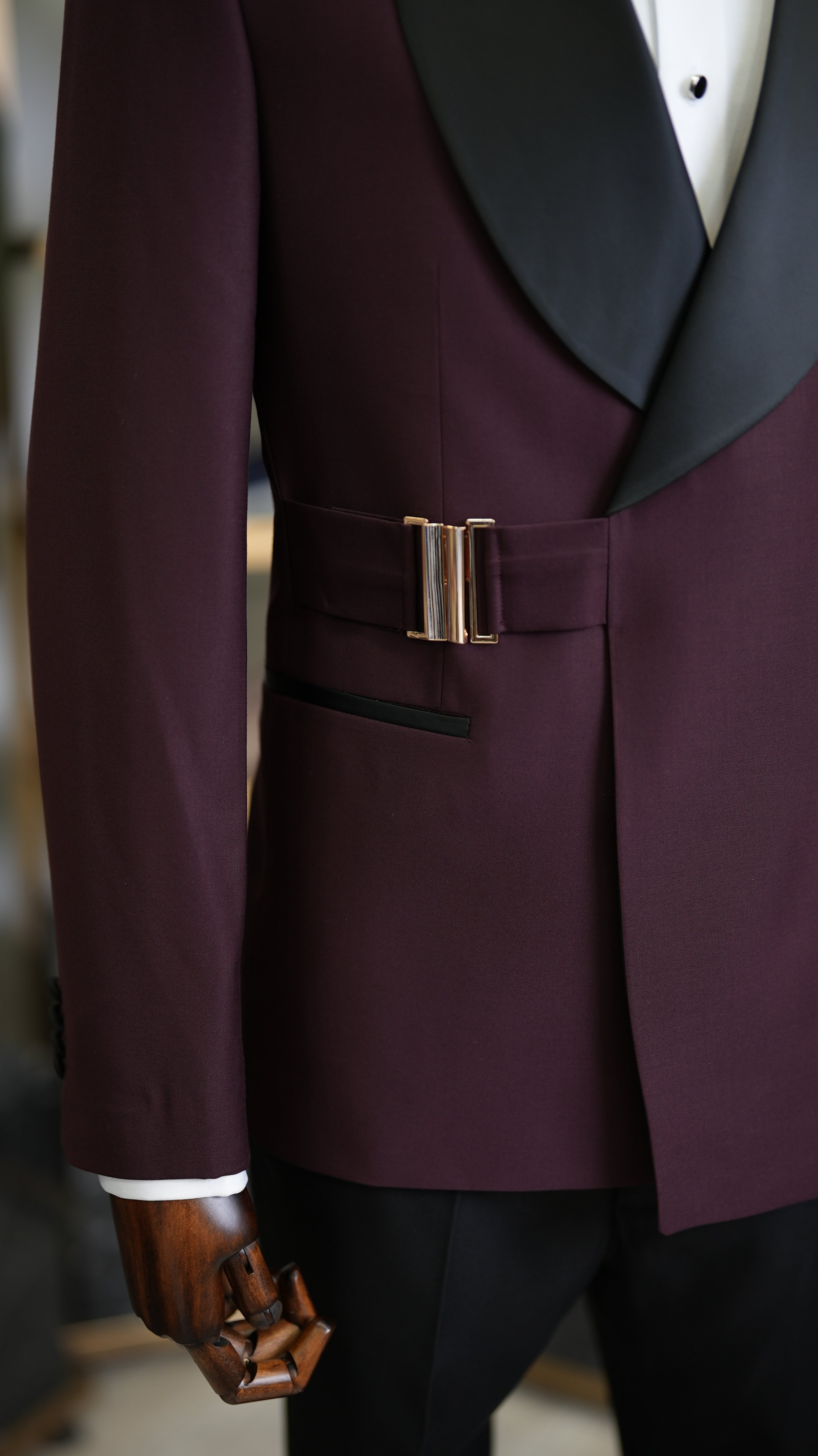 Erkek Tokalı Kruvaze Damatlık Slim fit İtalyan Stil Ceket Pantolon Papyon - Bordo