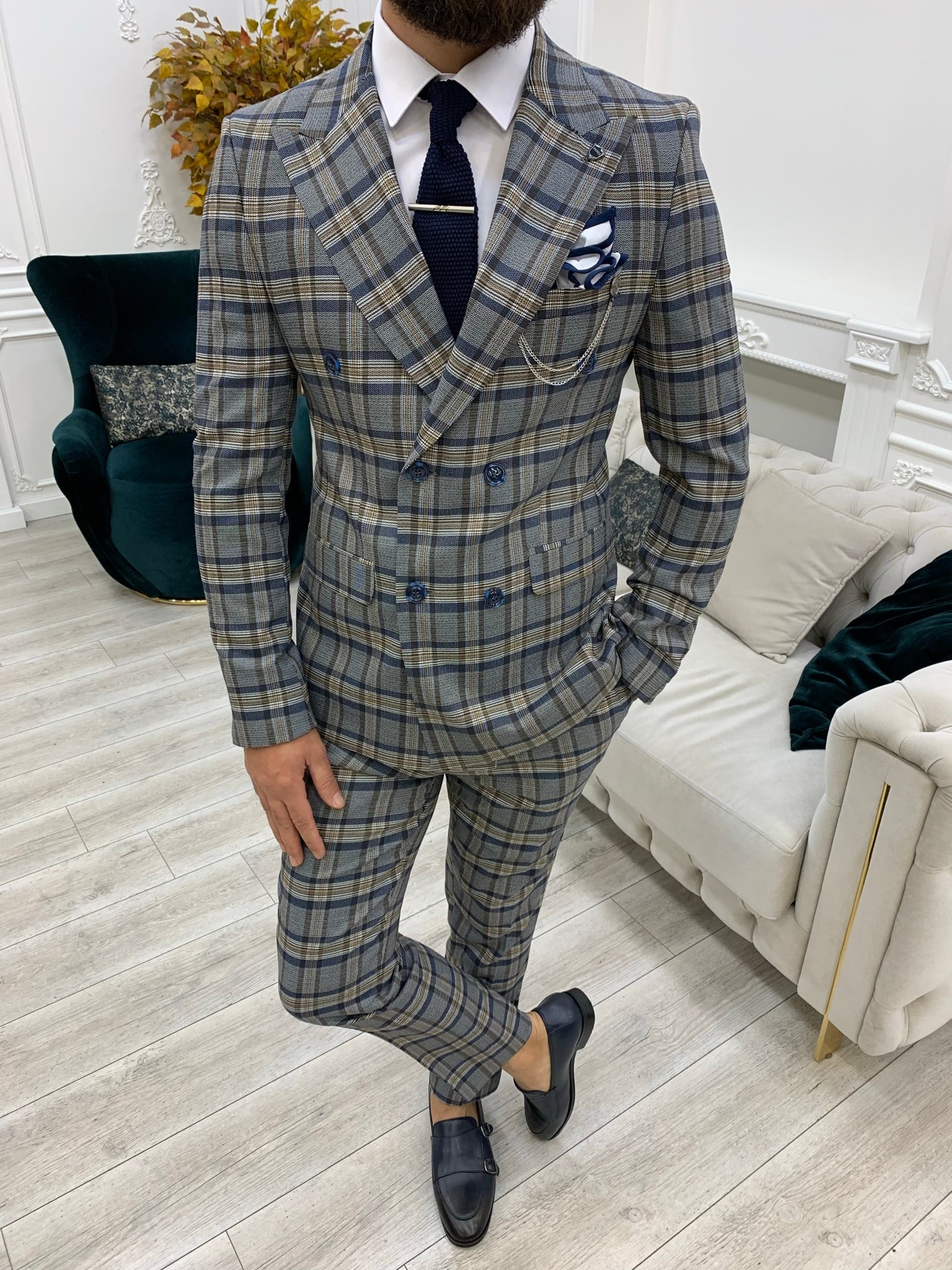 Pantaloni giacca da abito doppiopetto stile italiano - Blu navy