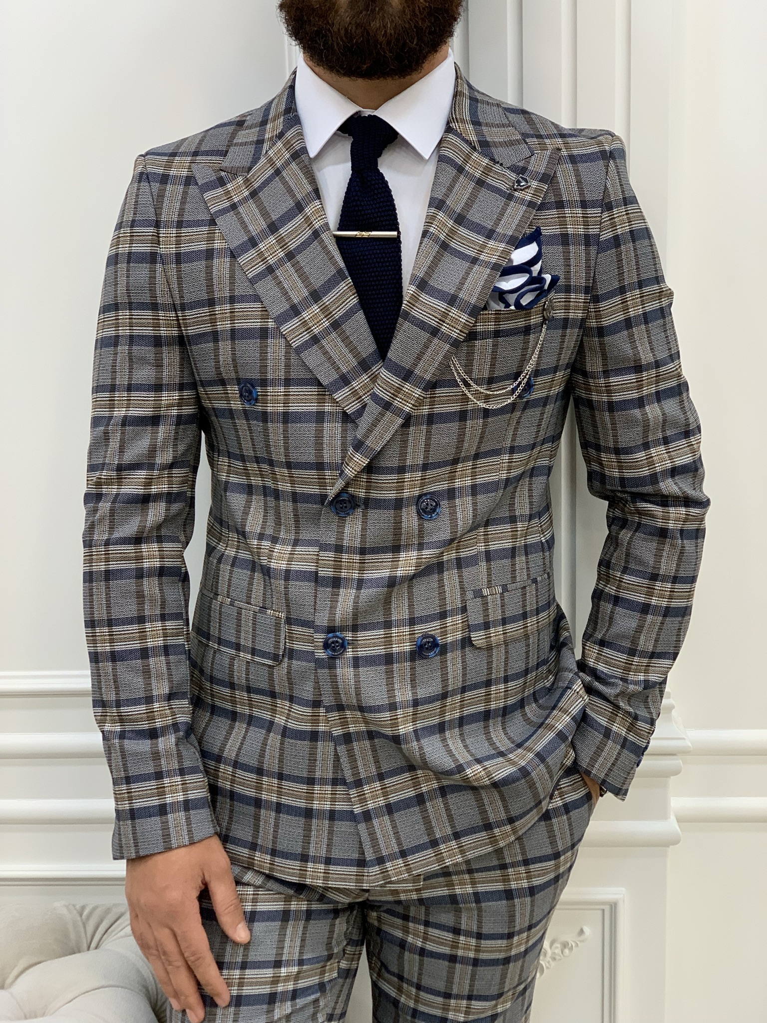 Pantaloni giacca da abito doppiopetto stile italiano - Blu navy