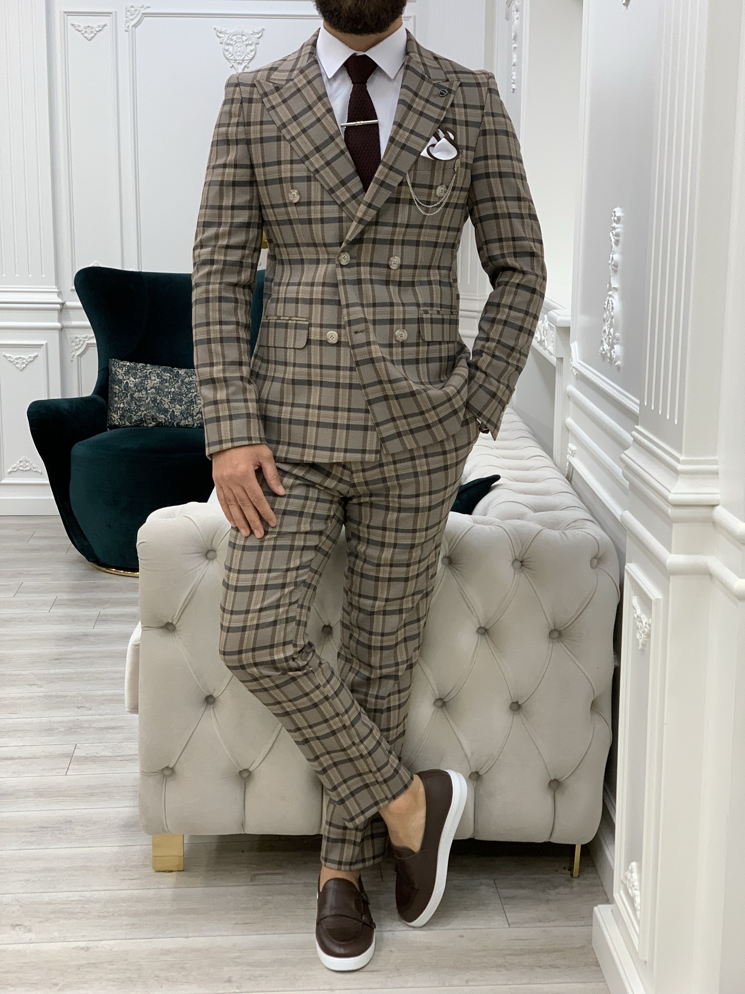 Pantaloni giacca da abito doppiopetto stile italiano - Marrone