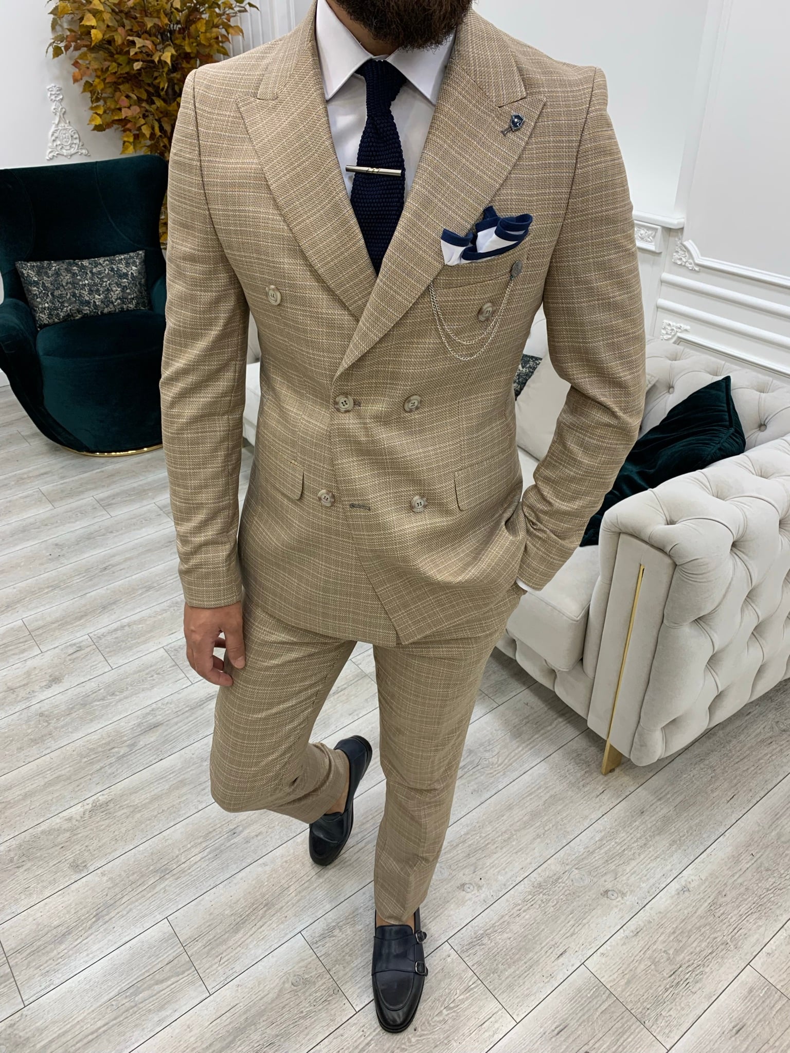 Pantaloni giacca da abito doppiopetto stile italiano - Giallo